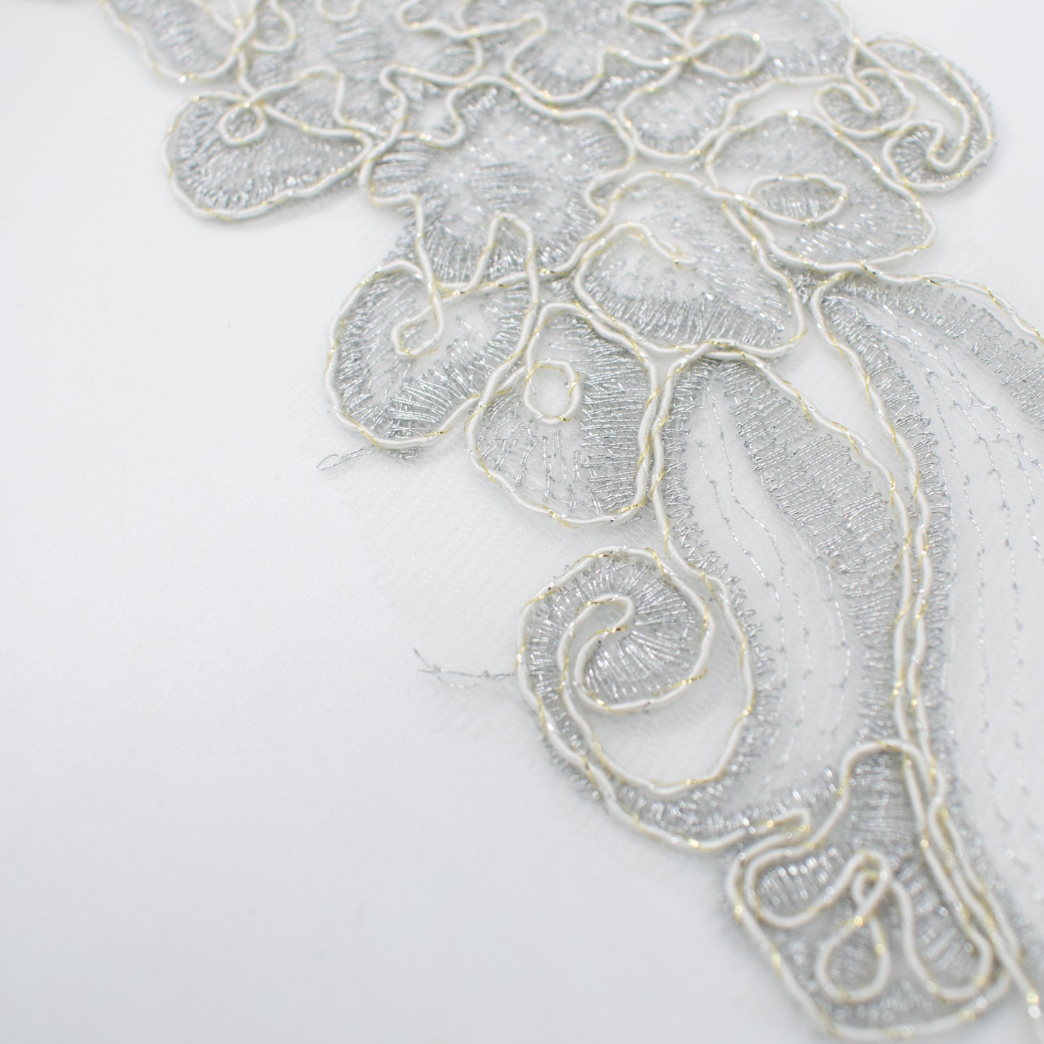 Silver & White Flower Embroidered Lace Applique Motif Design-MOT-U