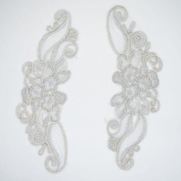 Silver & White Flower Embroidered Lace Applique Motif Design-MOT-U