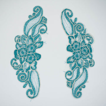 Teal Flower Embroidered Lace Applique Motif Design-MOT-U