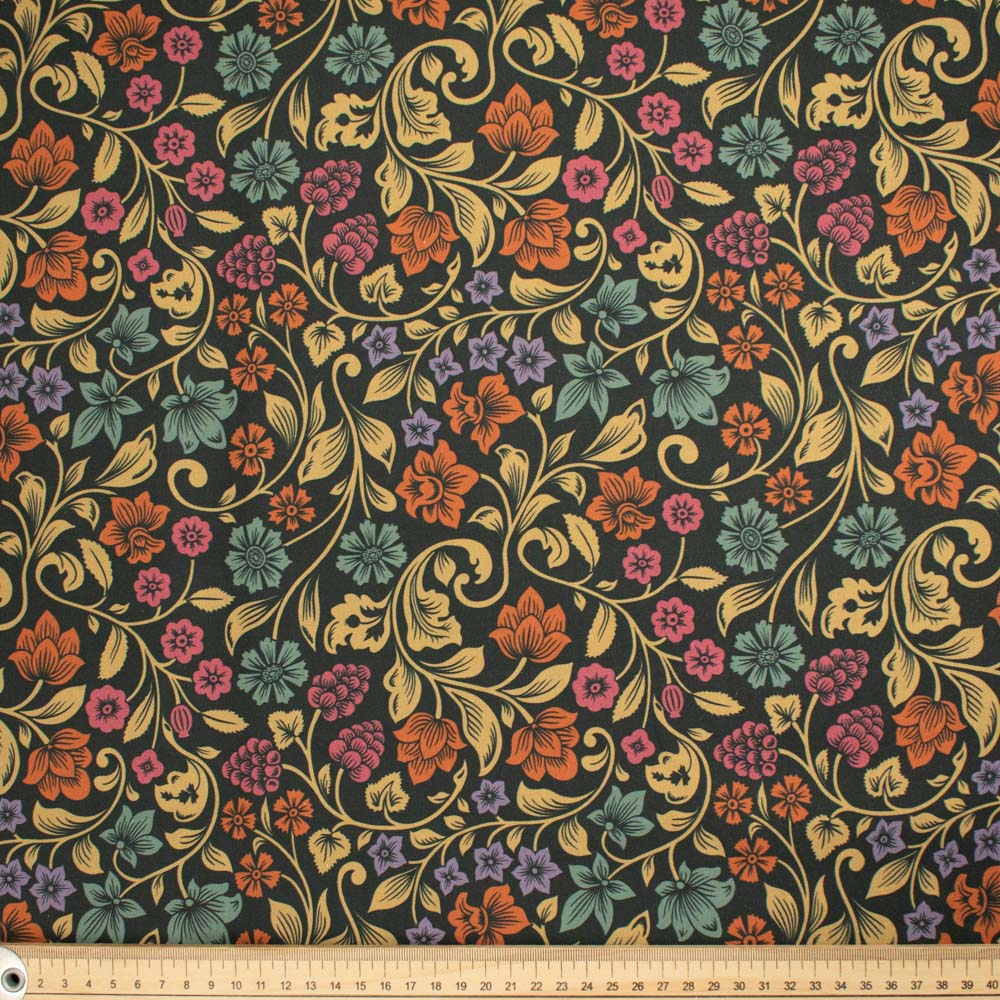 Maurice Style Collection #14 Multi Colour Floral Vines on Dark Green Cotton Prints