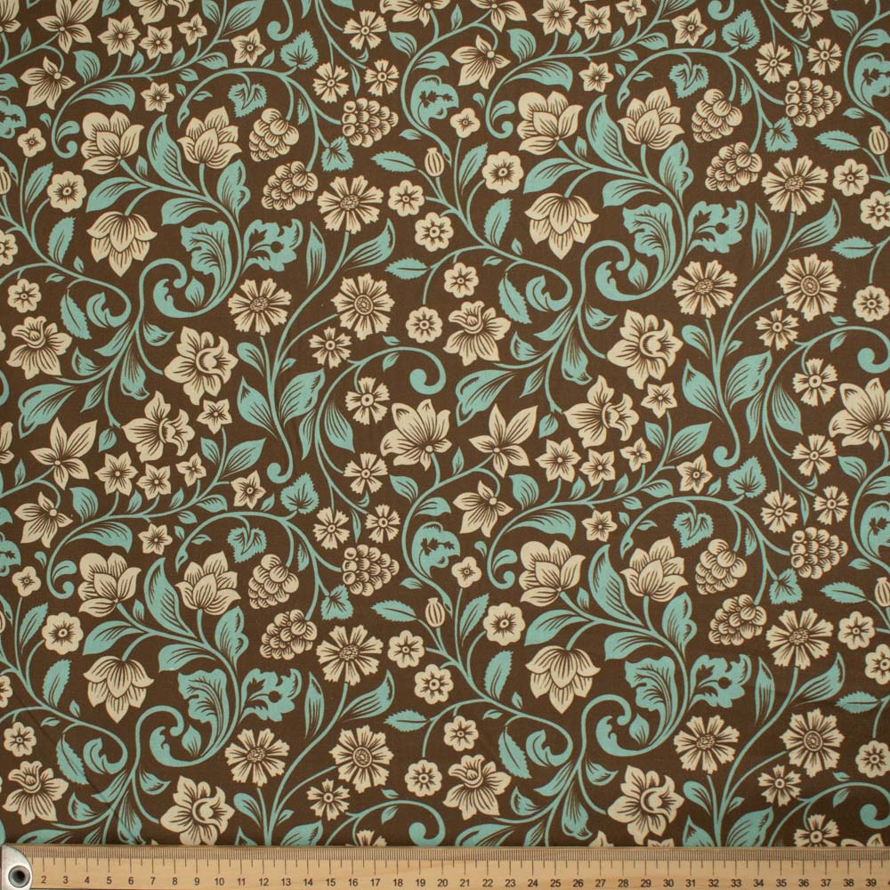 Maurice Style Collection #11 Cream & Turquoise Floral Vines on Brown Cotton Prints
