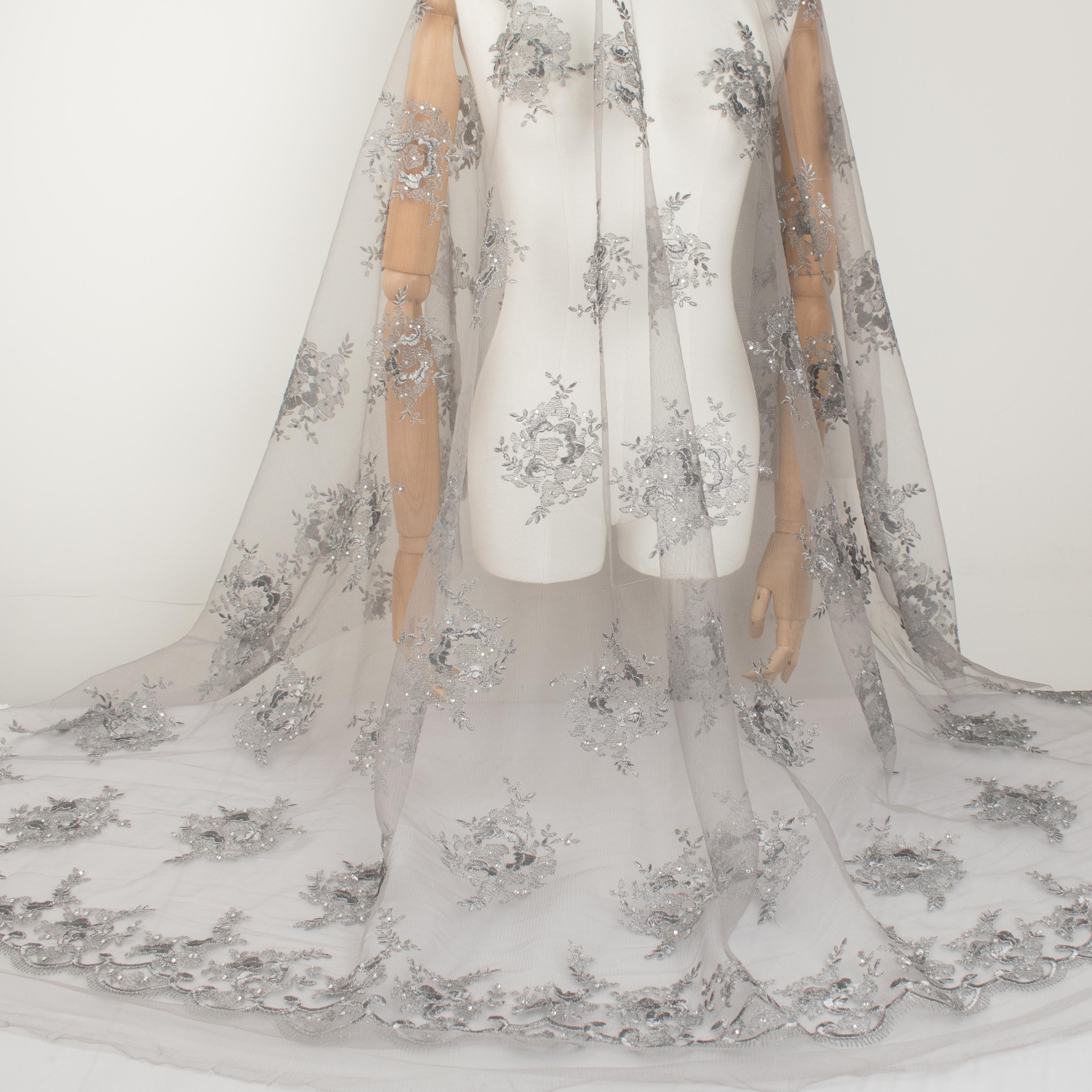 Metallic Diamante Embroidery Lace Grey