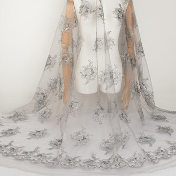Metallic Diamante Embroidery Lace Grey