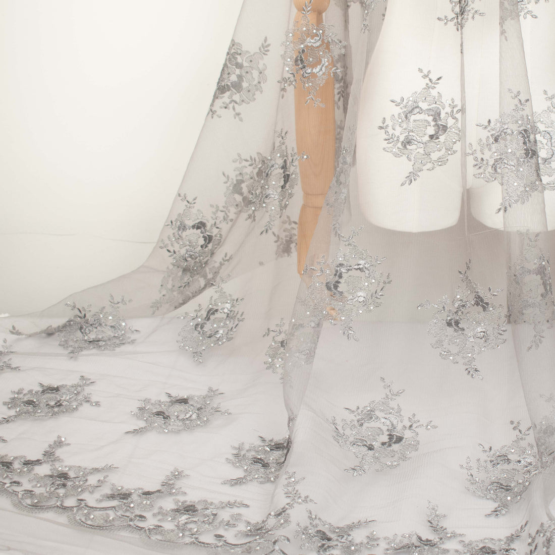 Metallic Diamante Embroidery Lace Grey