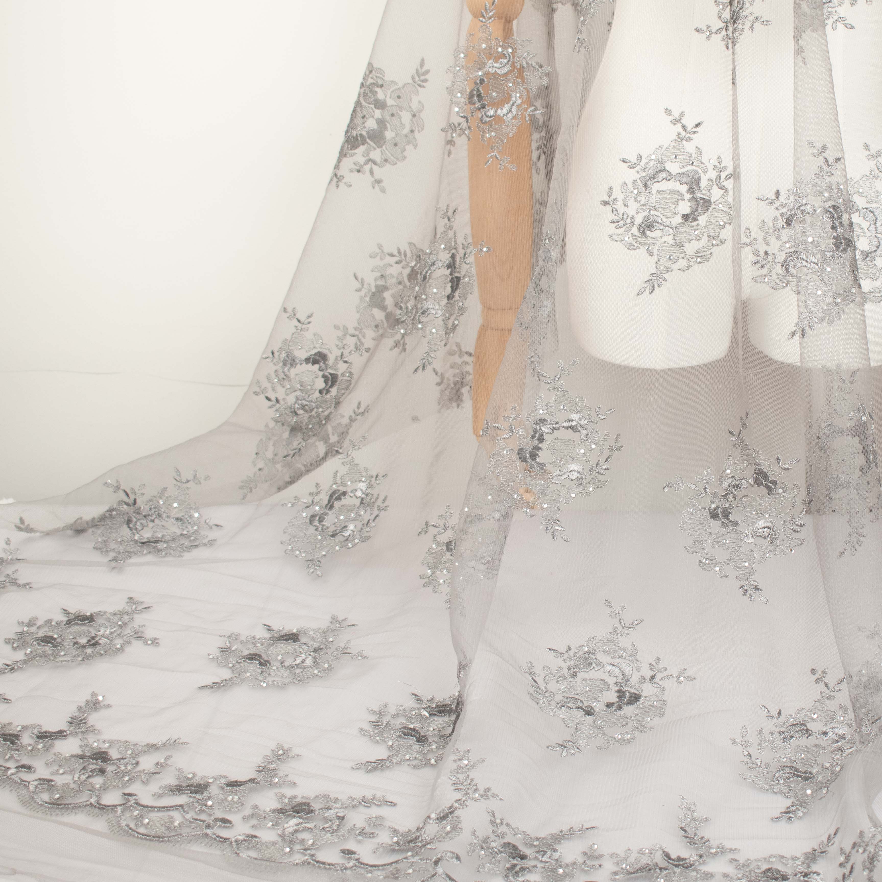 Metallic Diamante Embroidery Lace Grey