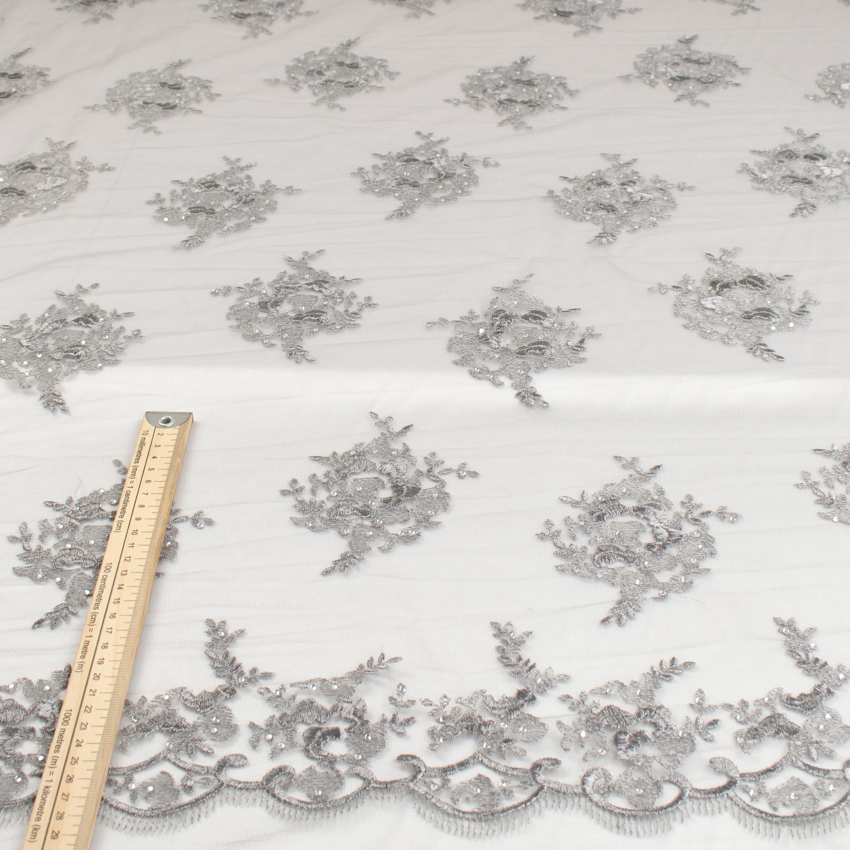 Metallic Diamante Embroidery Lace Grey