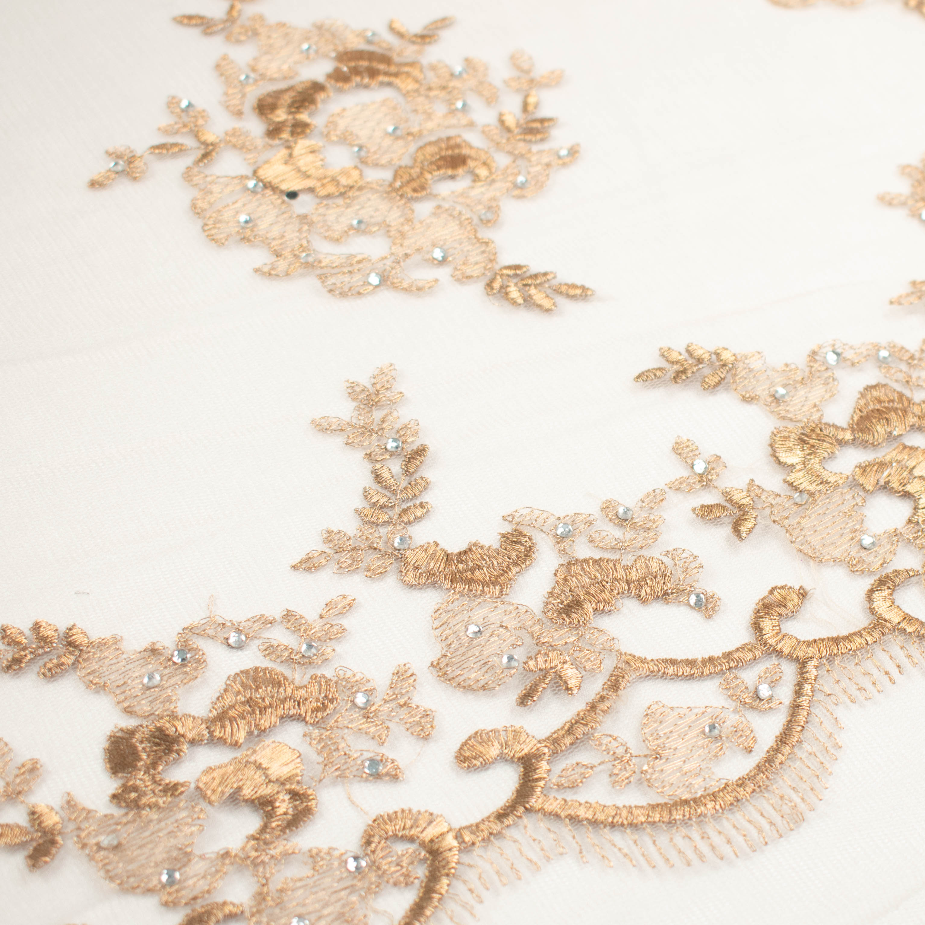Metallic Diamante Embroidery Lace Gold