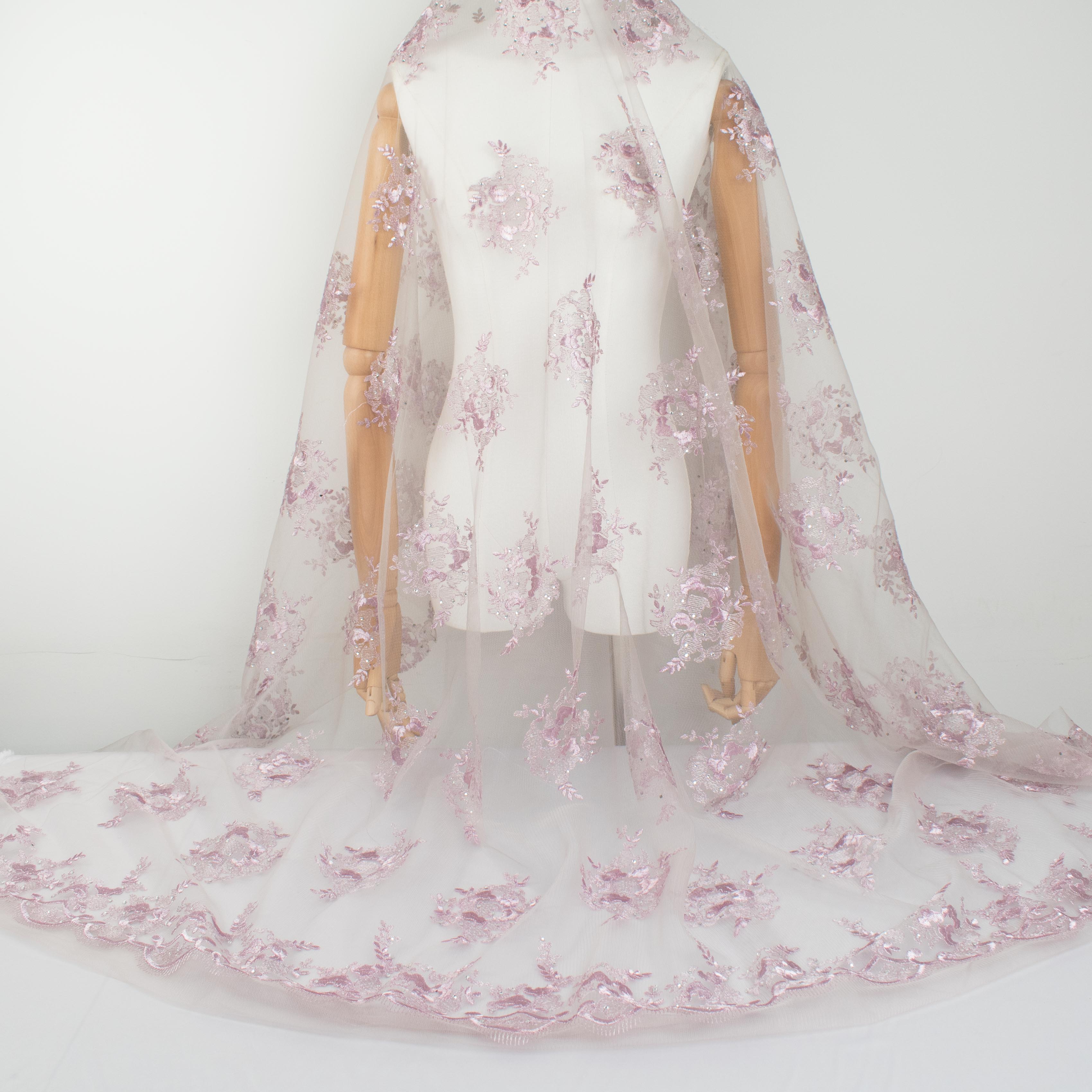 Metallic Diamante Embroidery Lace Lilac