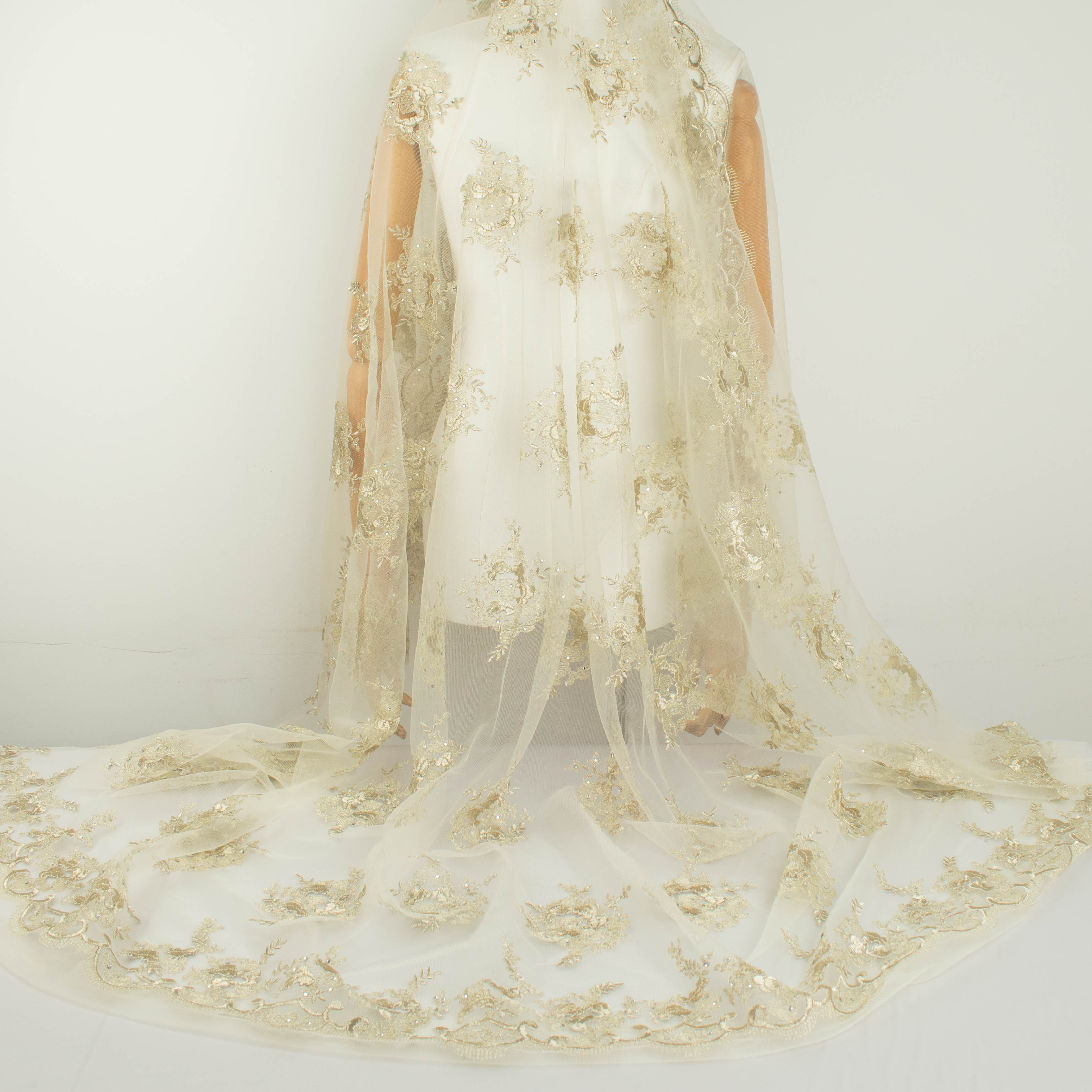 Metallic Diamante Embroidery Lace Light Gold