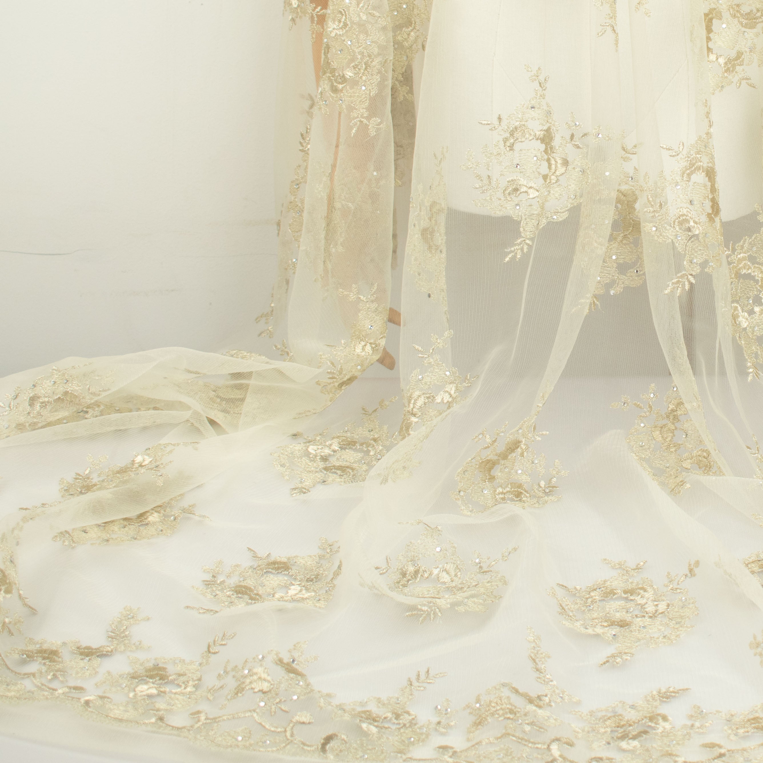 Metallic Diamante Embroidery Lace Light Gold