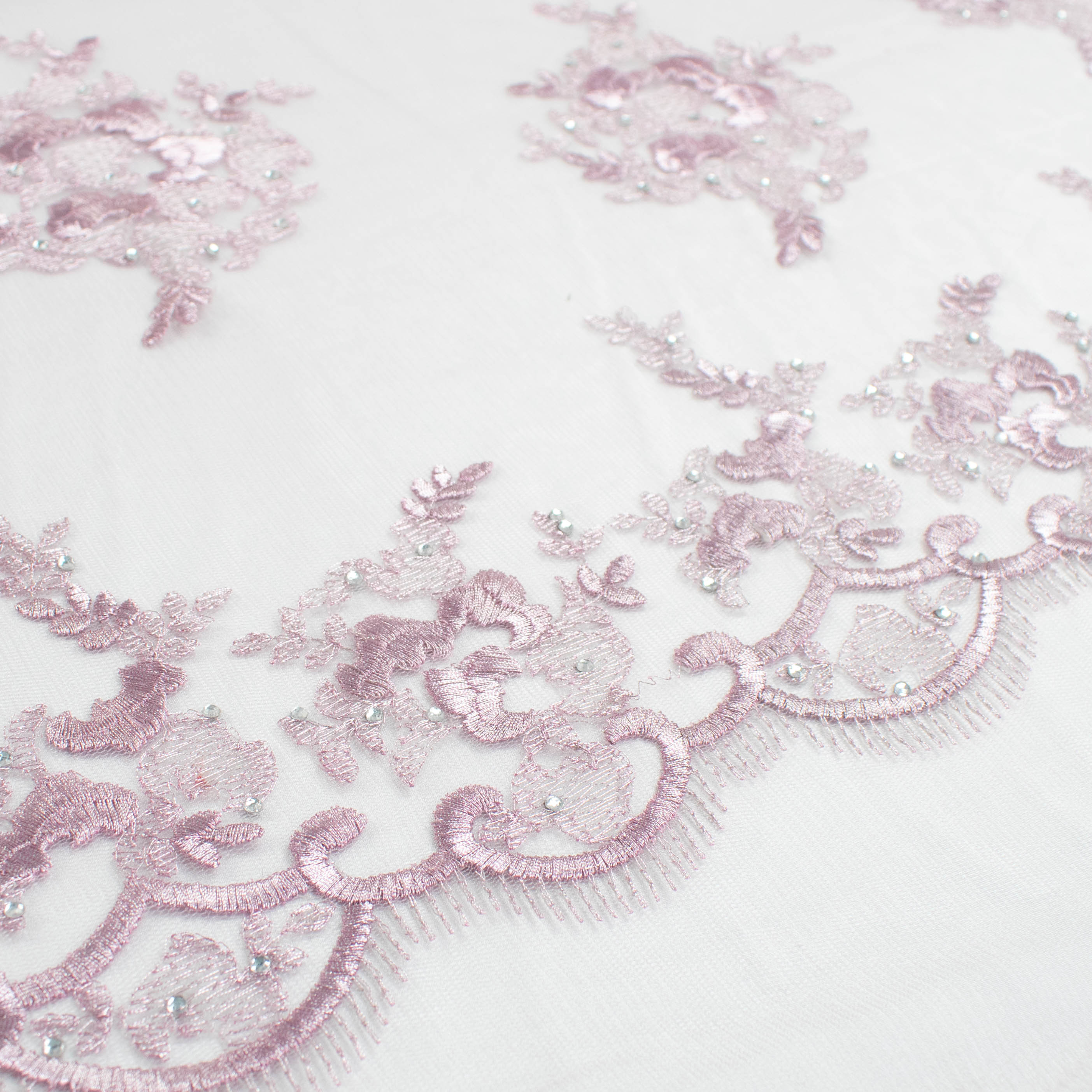 Metallic Diamante Embroidery Lace Lilac