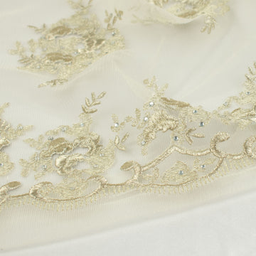 Metallic Diamante Embroidery Lace Light Gold