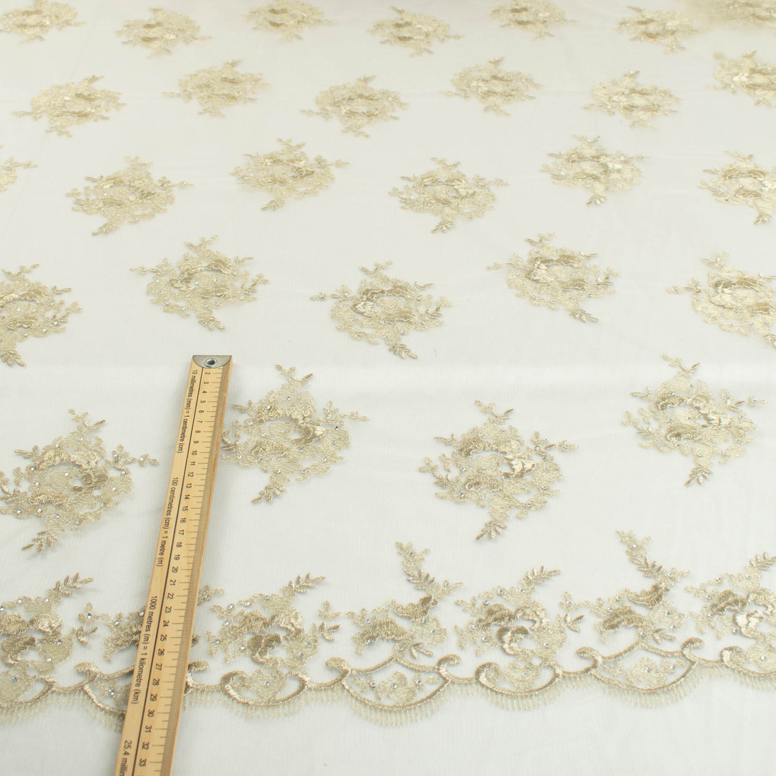 Metallic Diamante Embroidery Lace Light Gold