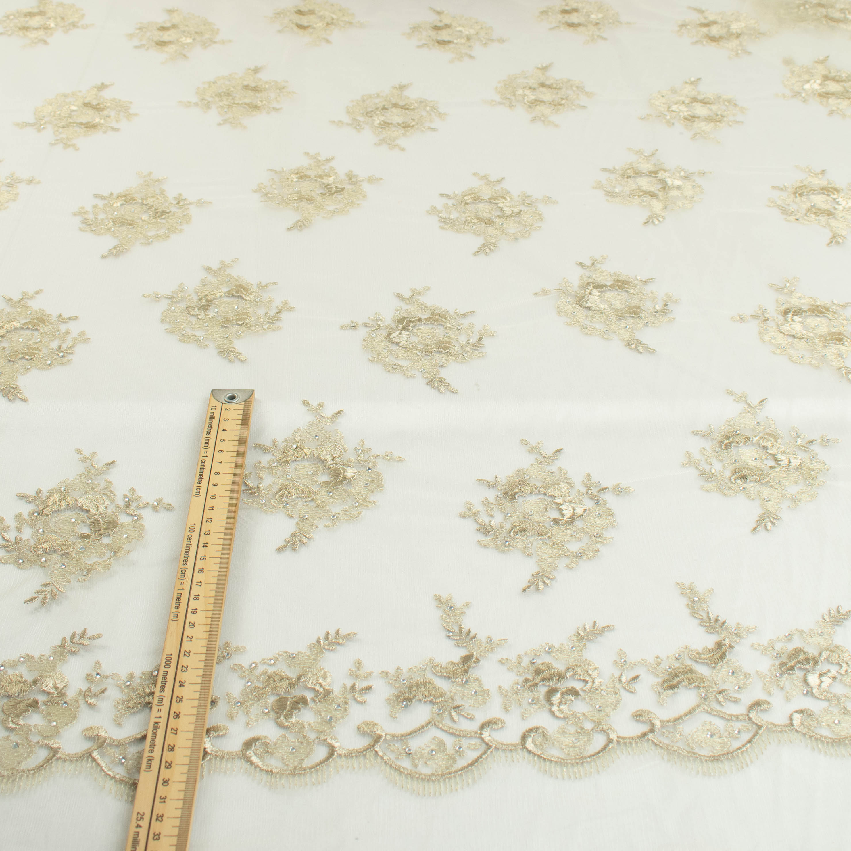 Metallic Diamante Embroidery Lace Light Gold