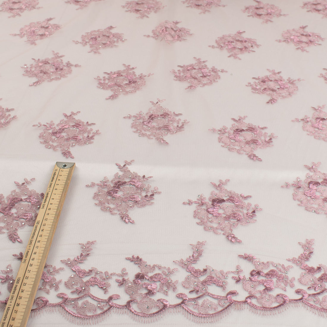 Metallic Diamante Embroidery Lace Pink