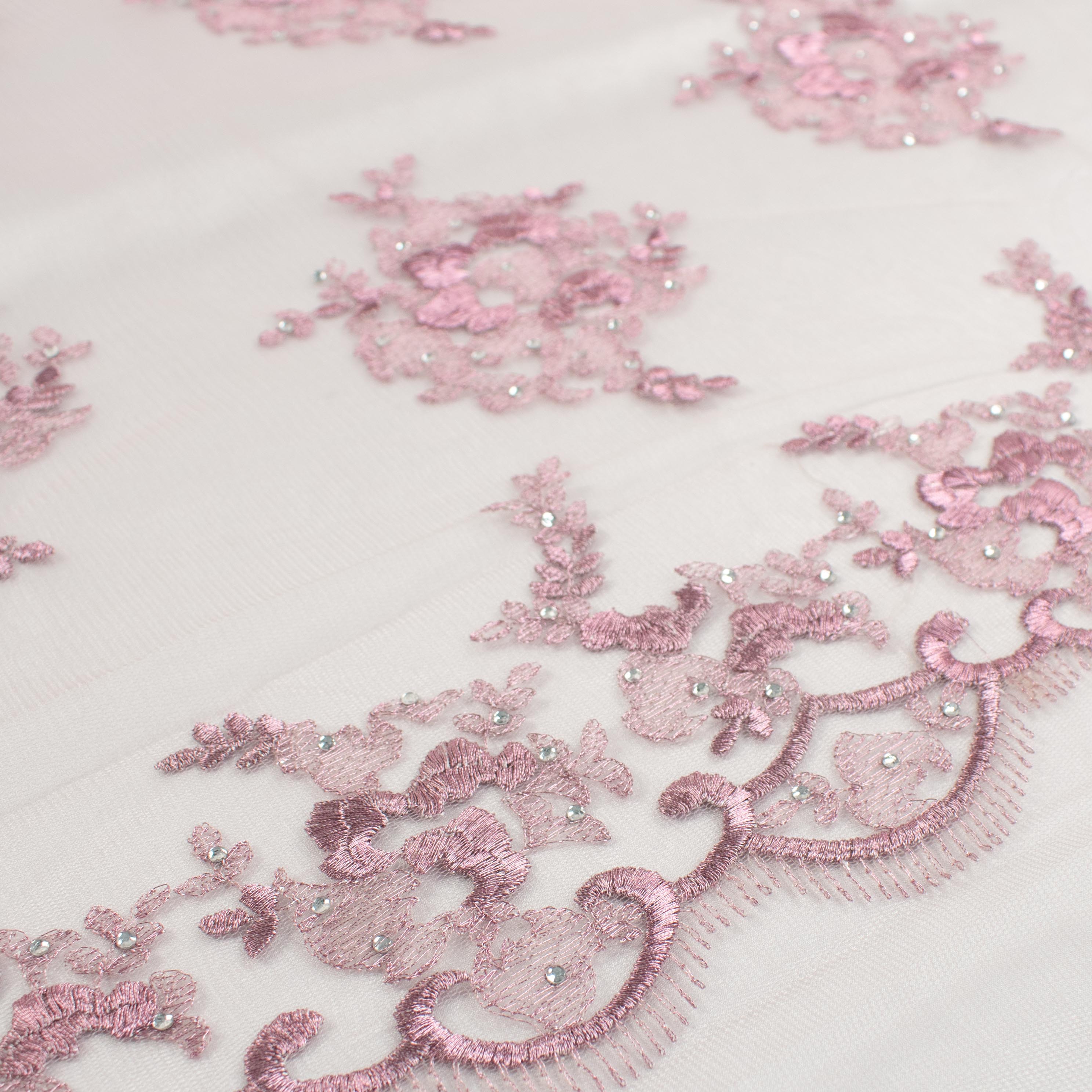 Metallic Diamante Embroidery Lace Pink