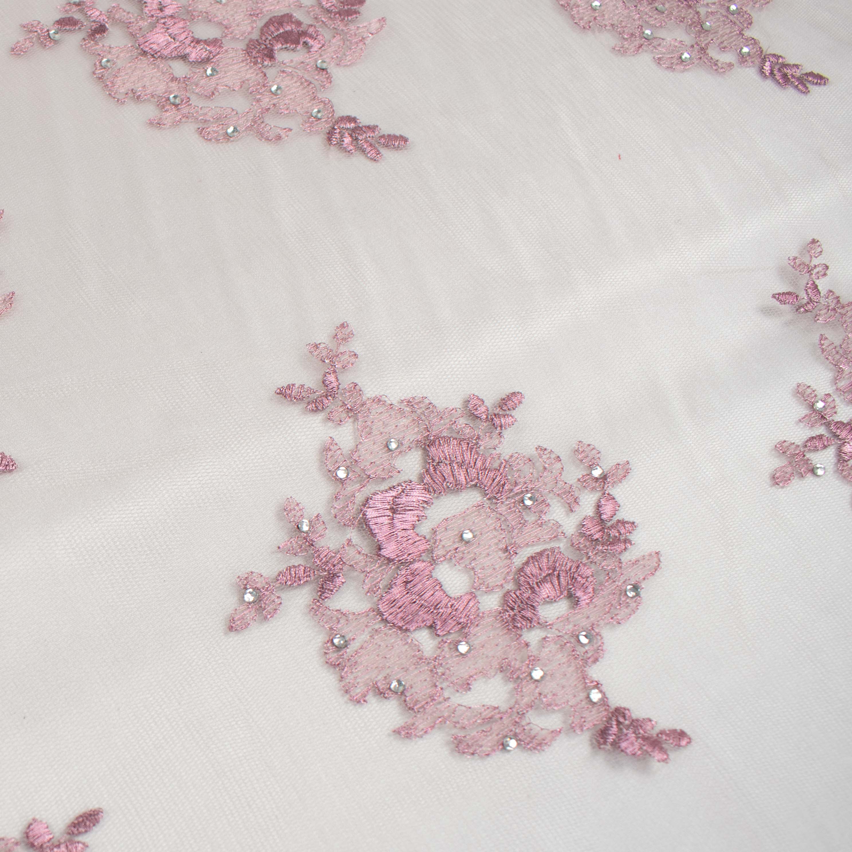 Metallic Diamante Embroidery Lace Pink