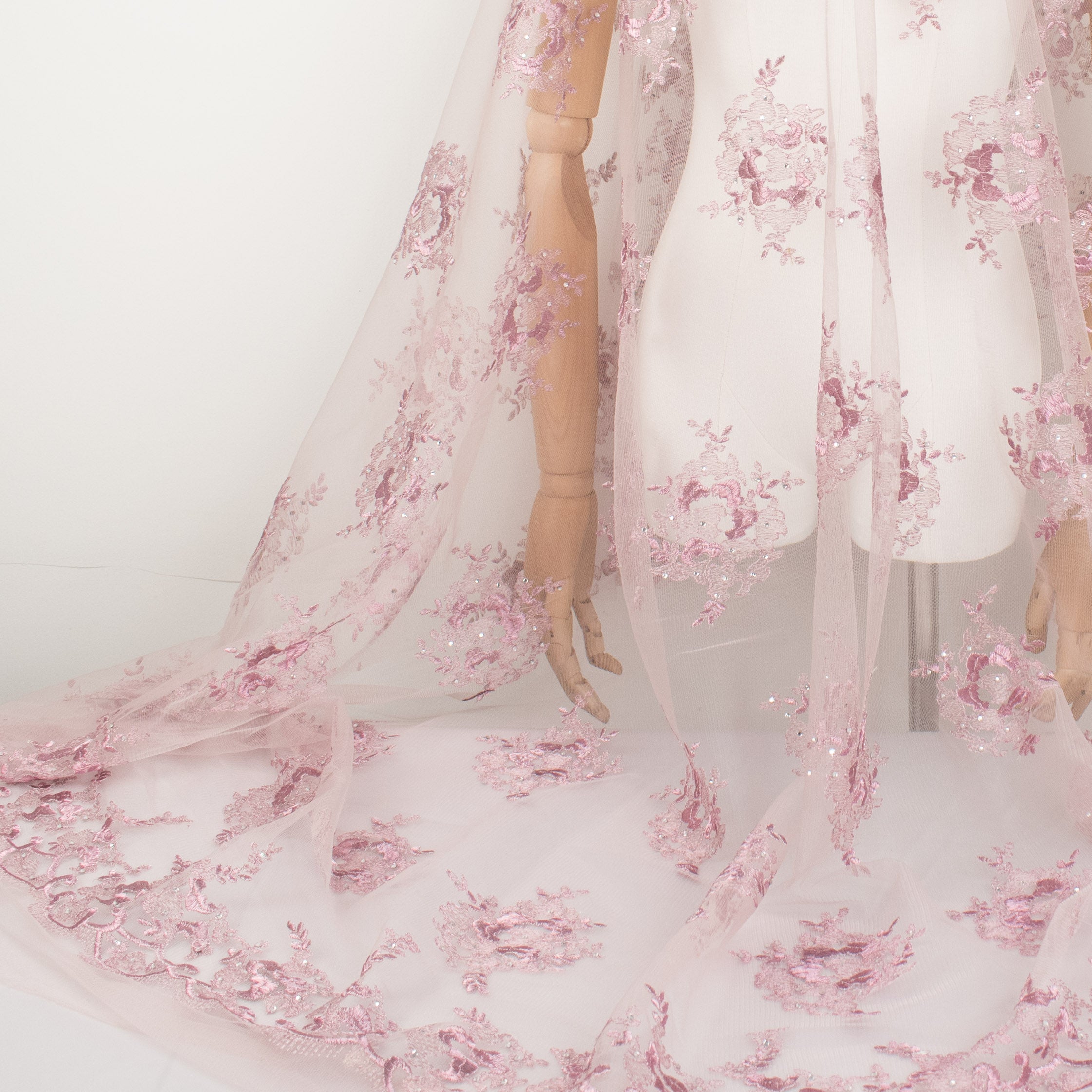 Metallic Diamante Embroidery Lace Pink