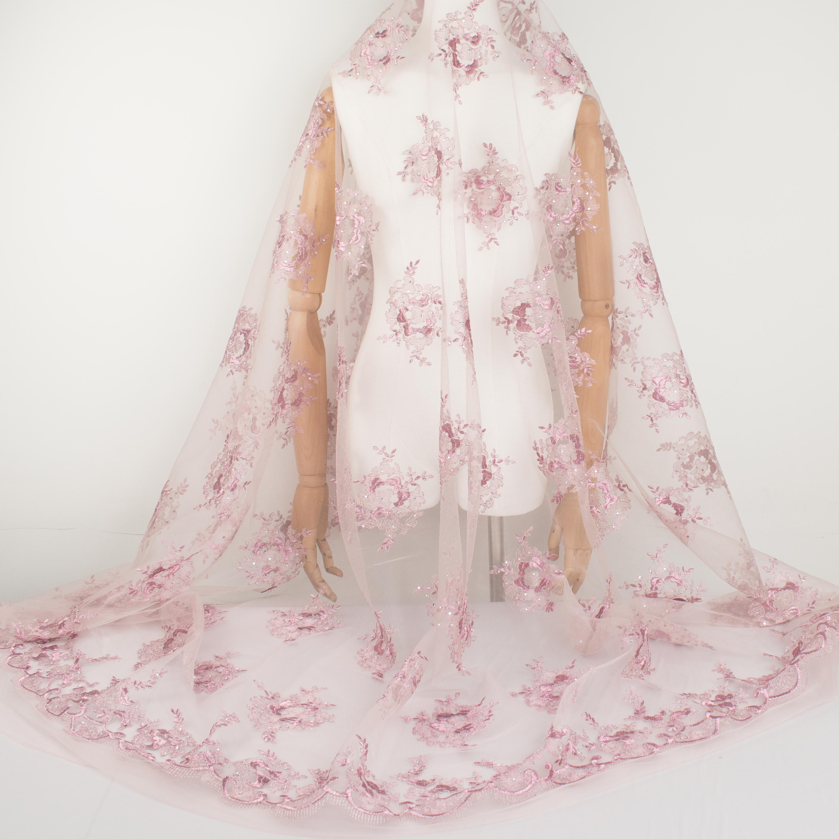 Metallic Diamante Embroidery Lace Pink