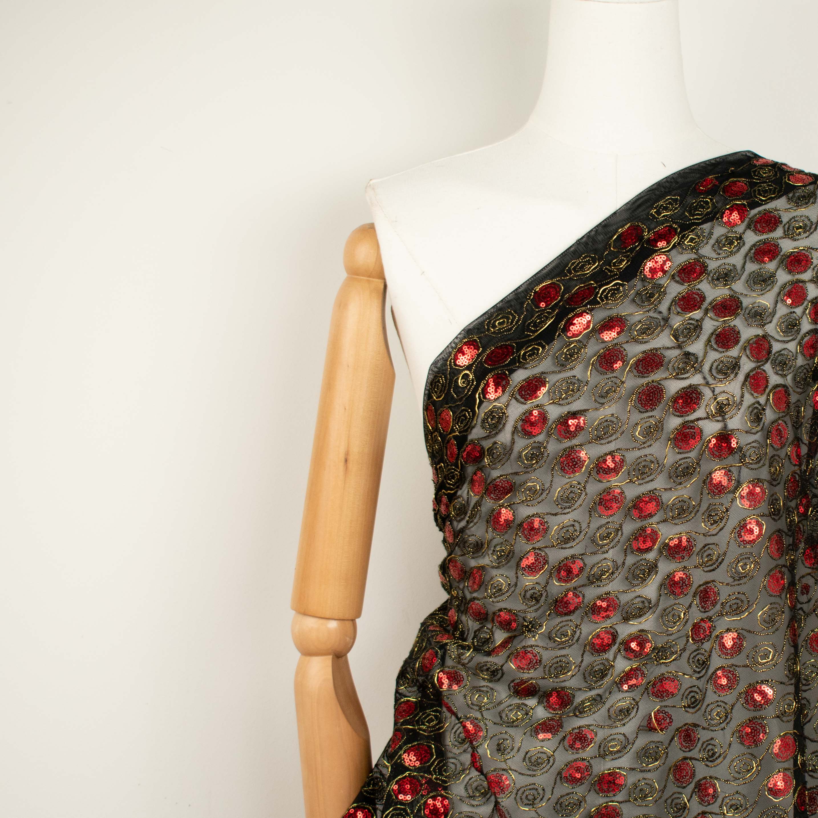 Metallic Sequin Mesh Lace Royal Red/Black