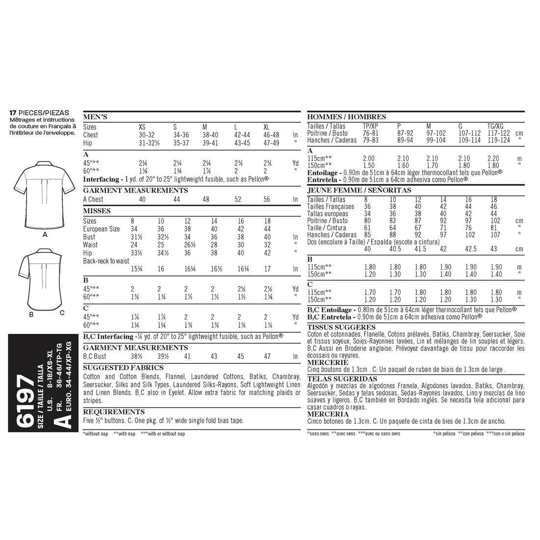 Misses' and Men's Shirts - New Look Sewing Pattern N6197