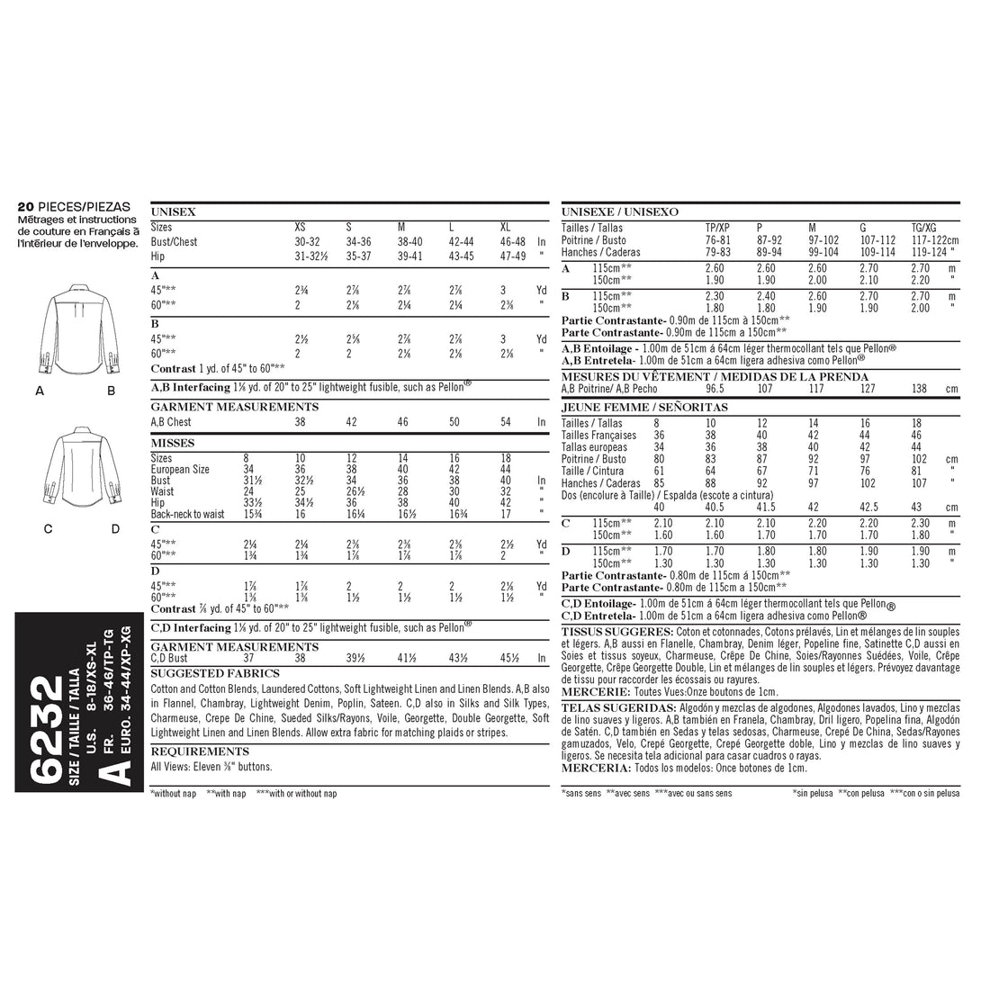 Misses' and Men's Button Down Shirt - New Look Sewing Pattern N6232