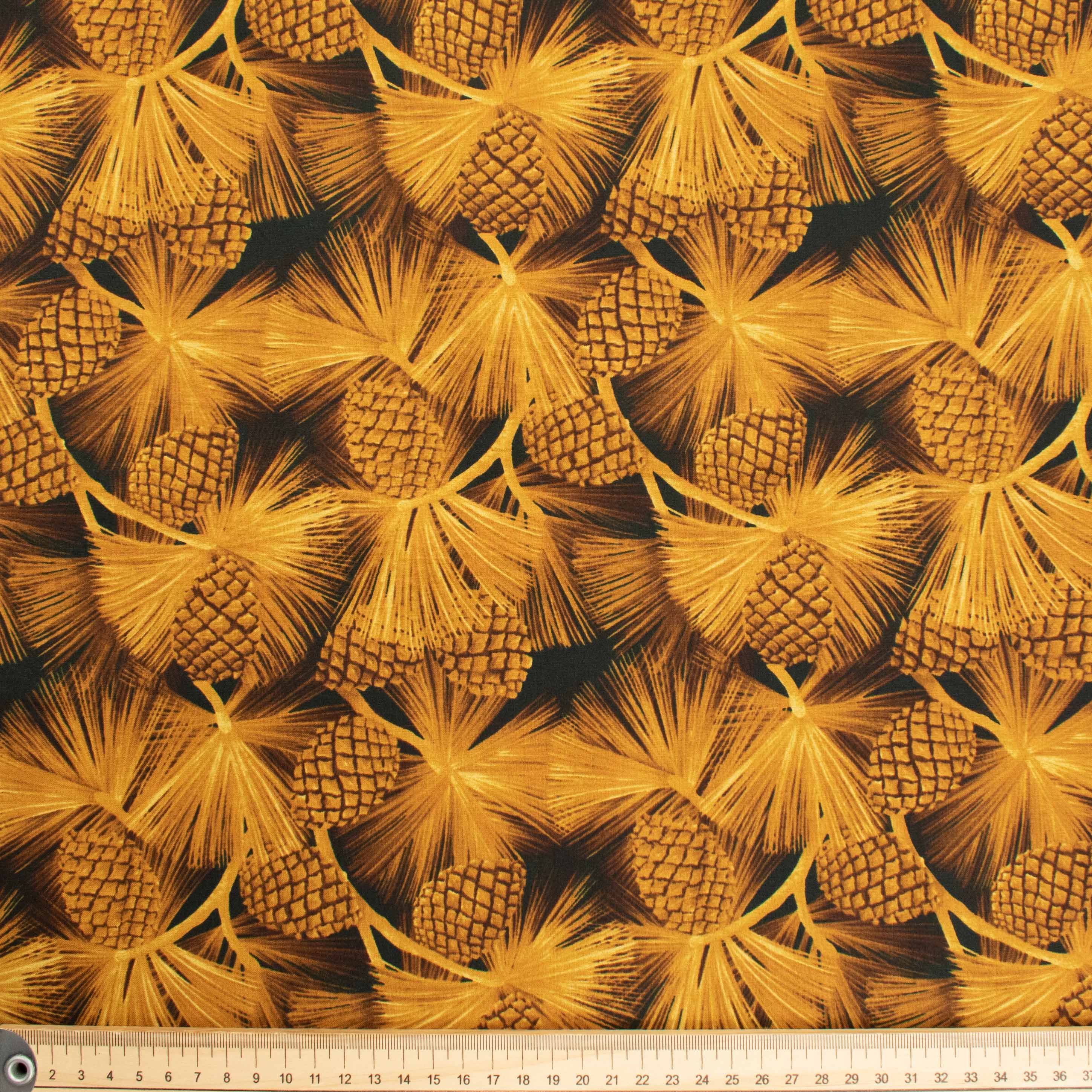 Kona Bay Fabrics Outdoor Gold Pine Cone & Leaf on Black Cotton Prints