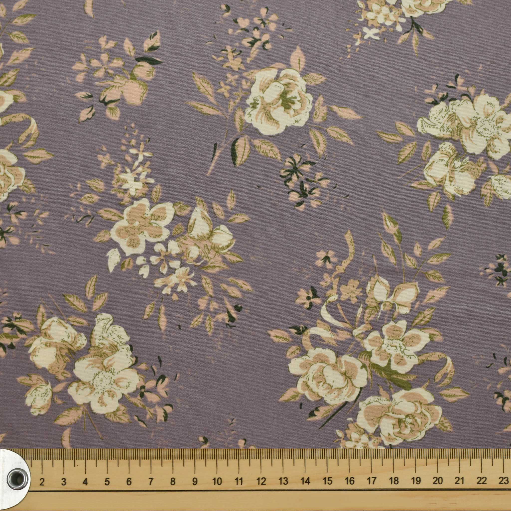 Grey Beige Painted Flowers Cotton Print