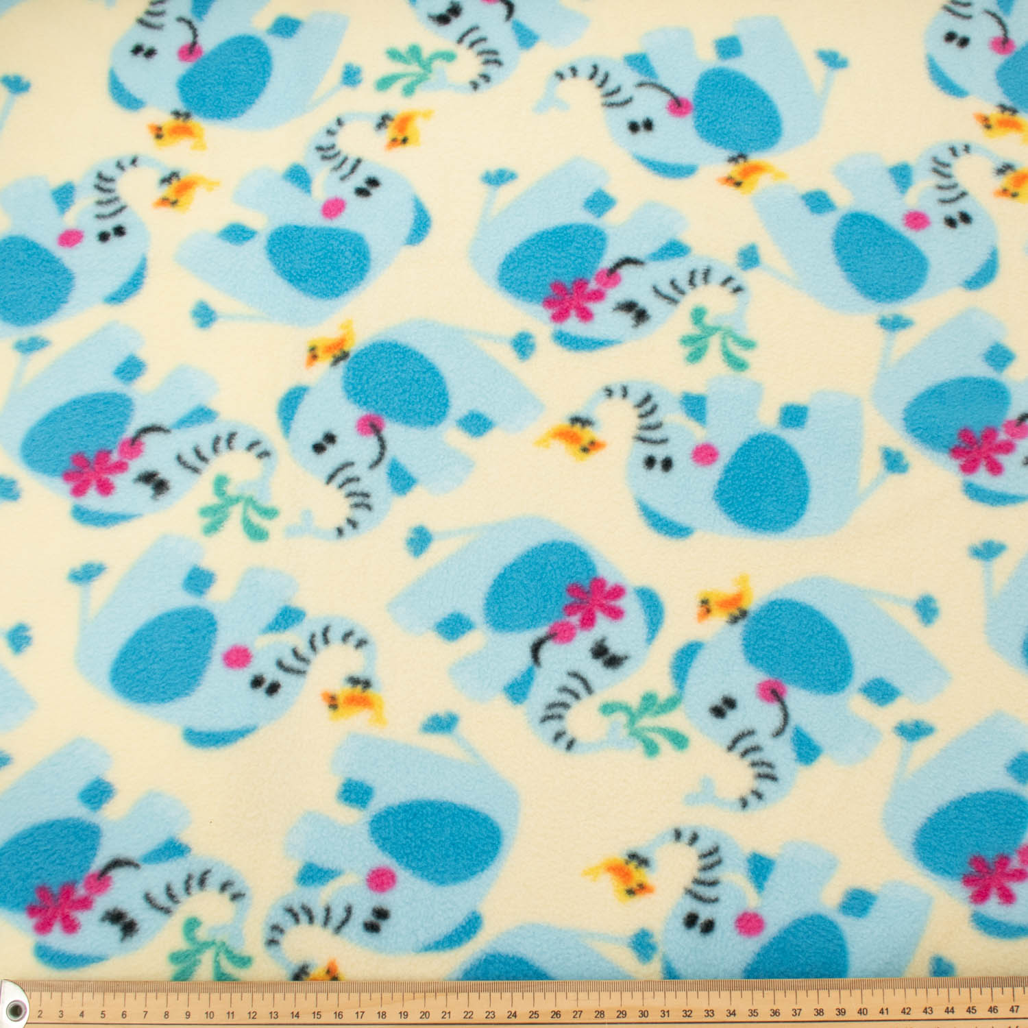 Blue Elephants on Cream Printed Polar Fleece Design 192