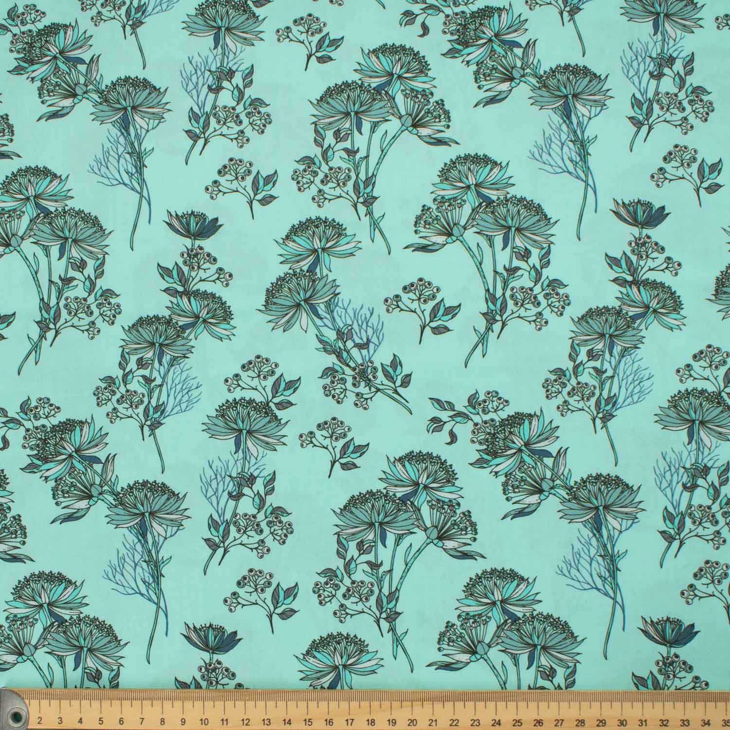 Old World Plants Collection #04 Floral on Turquoise Blue Cotton Prints