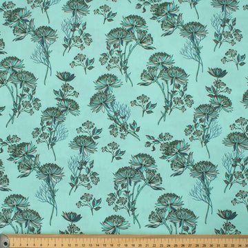 Old World Plants Collection #04 Floral on Turquoise Blue Cotton Prints