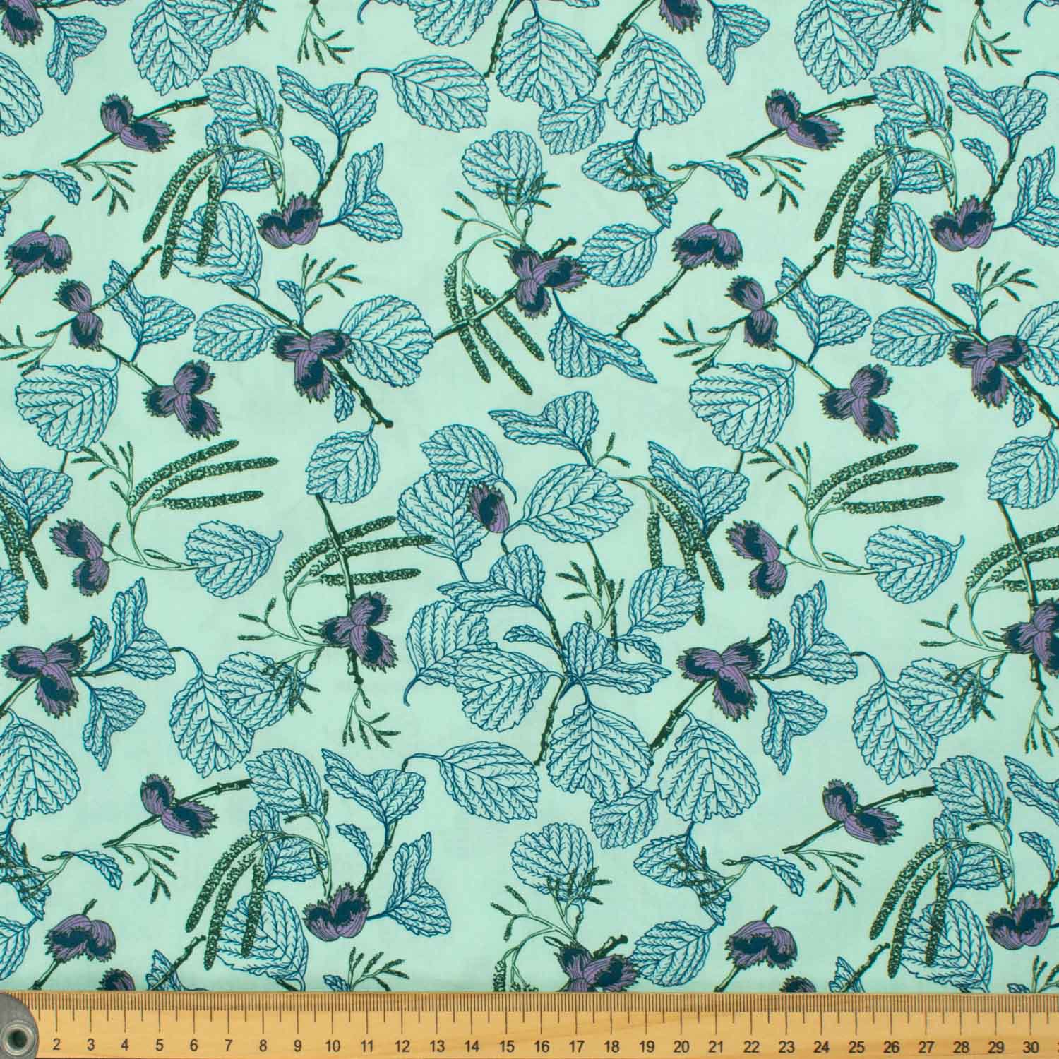 Old World Plants Collection #06 Green Flower & Leaves on Turquoise Cotton Prints