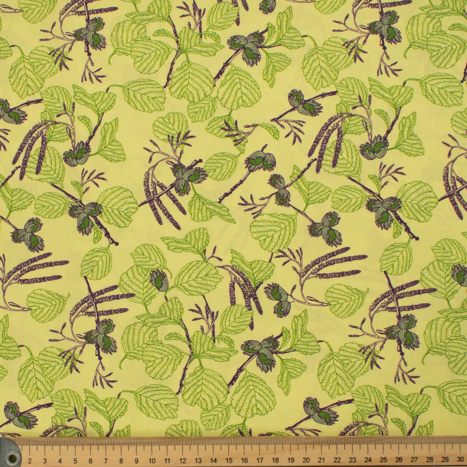 Old World Plants Collection #08 Purple Flower & Green Leaves on Yellow Cotton Prints