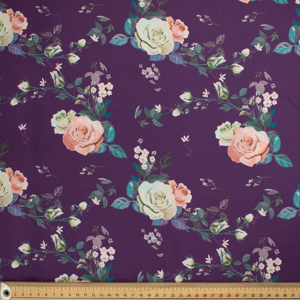 Old World Purple Collection #16 Peach & White Rose on Dark Purple Cotton Prints