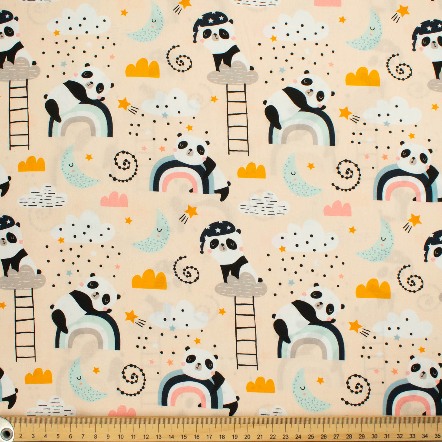 Panda Collection #04 Moon, Cloud, Rainbow & Pandas on Coral Cotton Prints