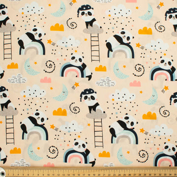 Panda Collection #04 Moon, Cloud, Rainbow & Pandas on Coral Cotton Prints
