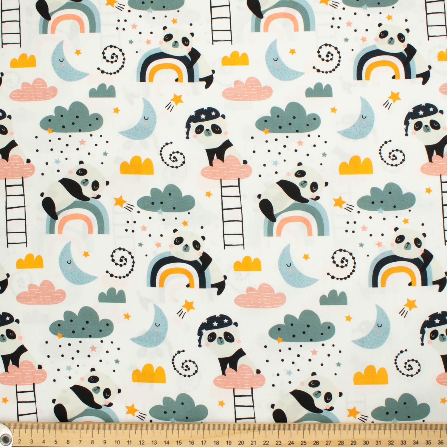 Panda Collection #03 Moon, Cloud, Rainbow & Pandas on White Cotton Prints