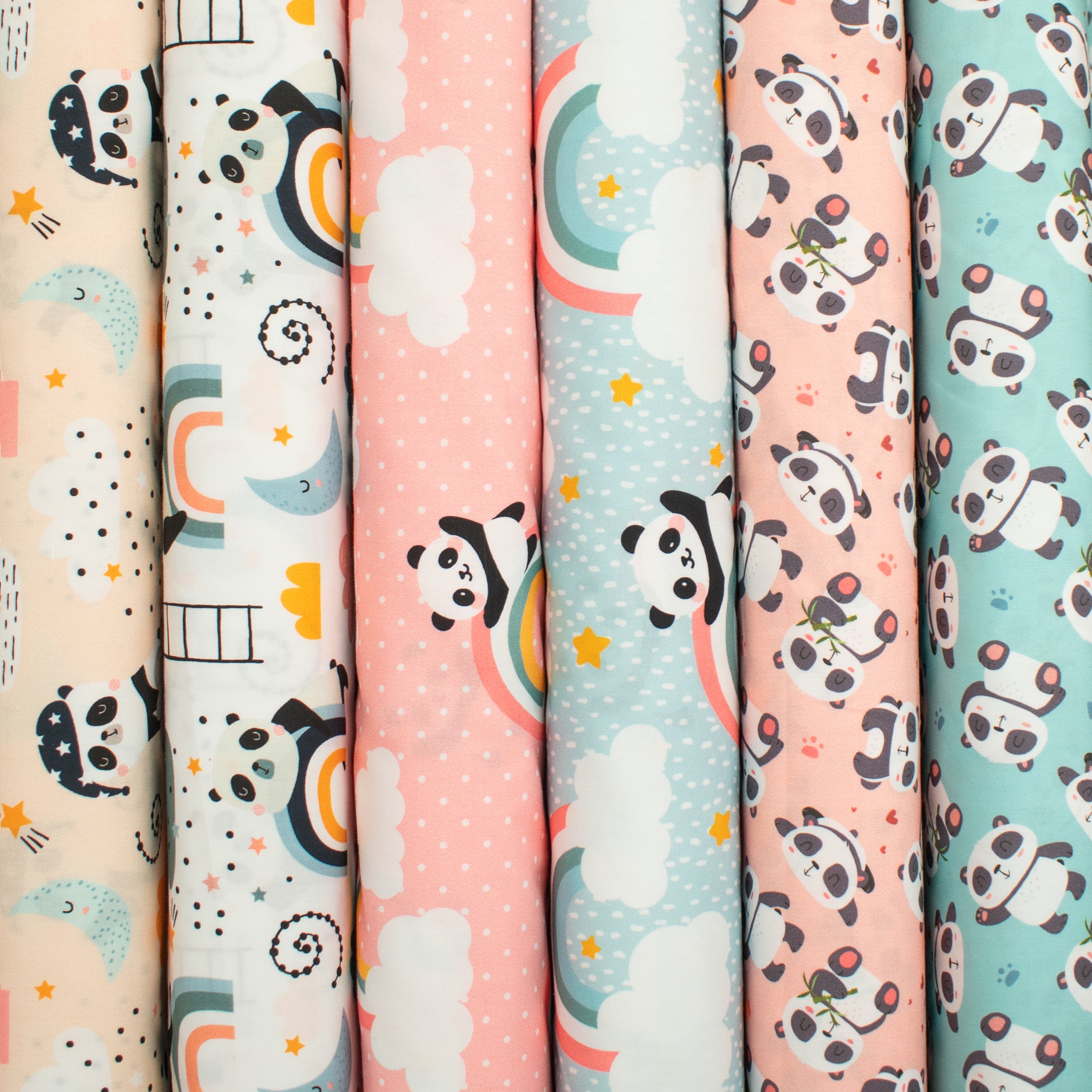 Panda Collection #04 Moon, Cloud, Rainbow & Pandas on Coral Cotton Prints