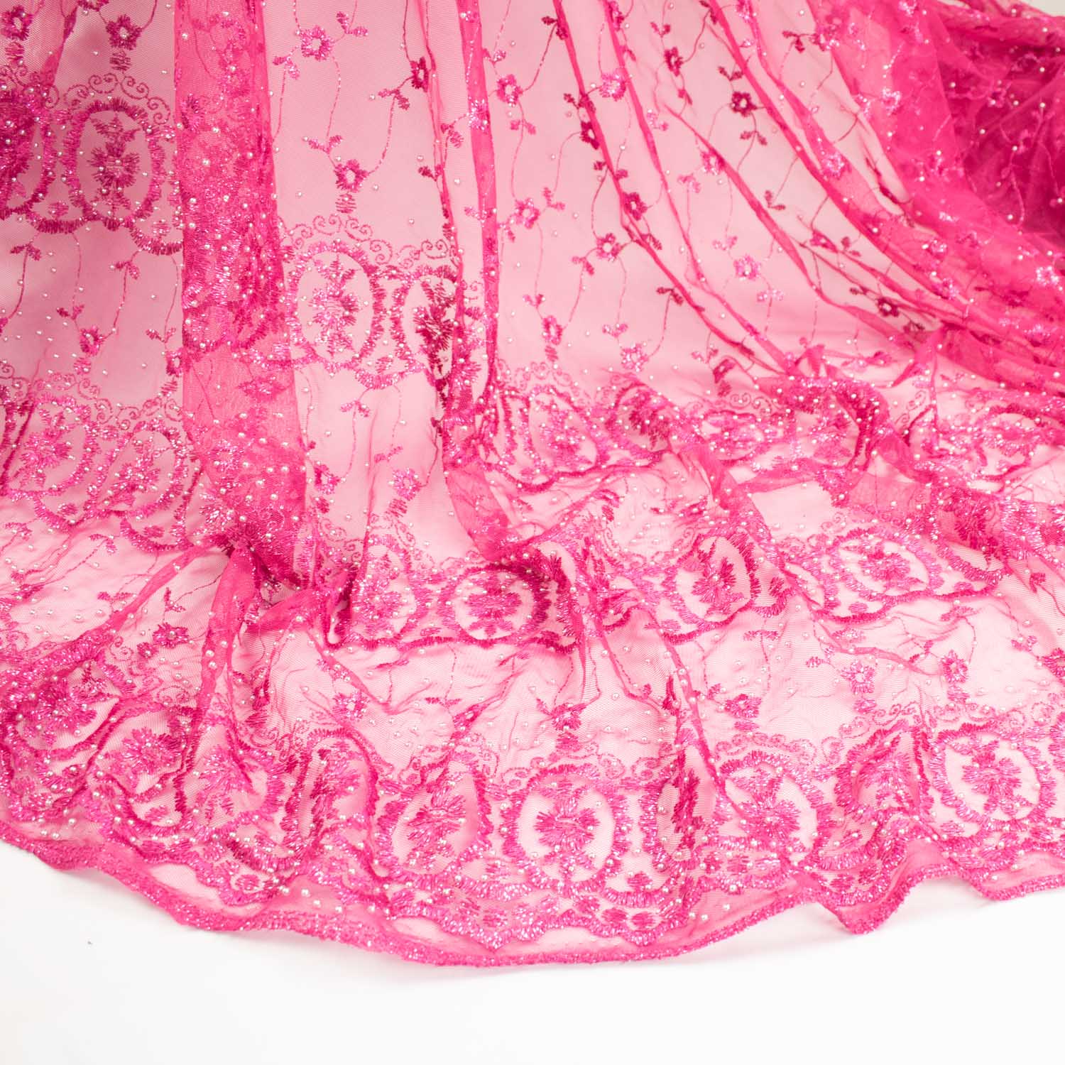 Pearl/Beaded Embroidery Lace Hot Pink