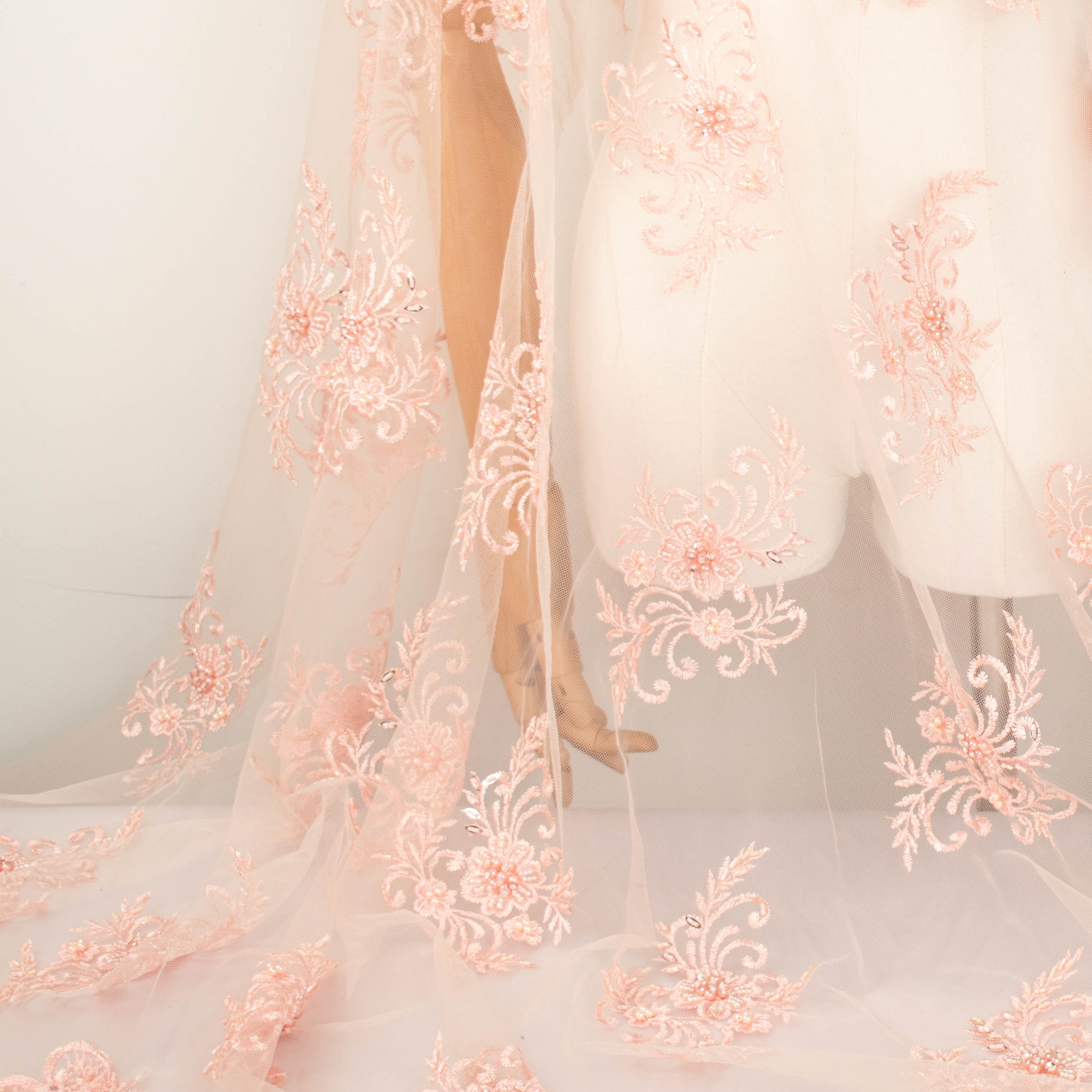 Pearl Beaded Flower Embroidery With Guipure Lace Baby Pink