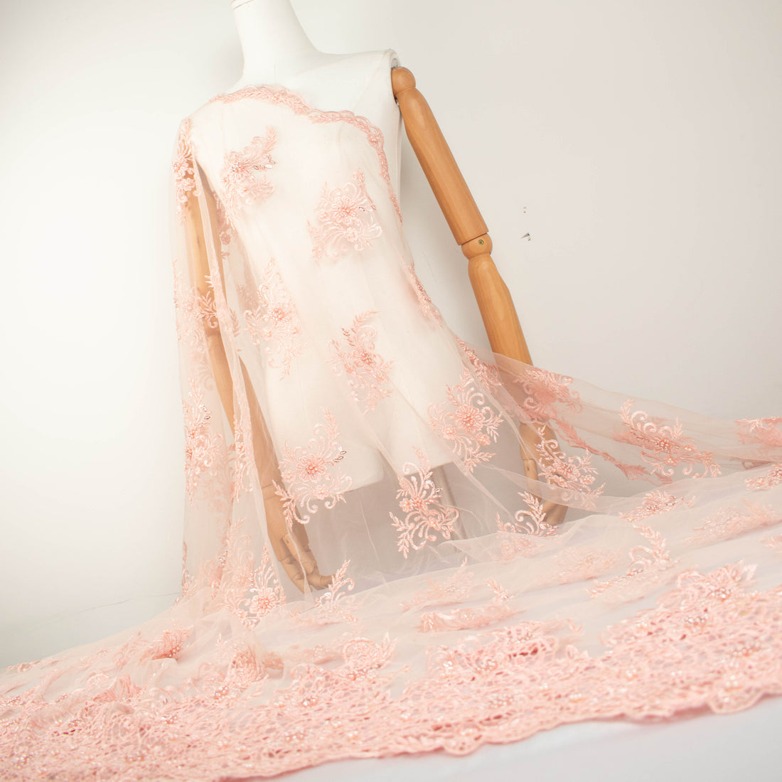 Pearl Beaded Flower Embroidery With Guipure Lace Baby Pink