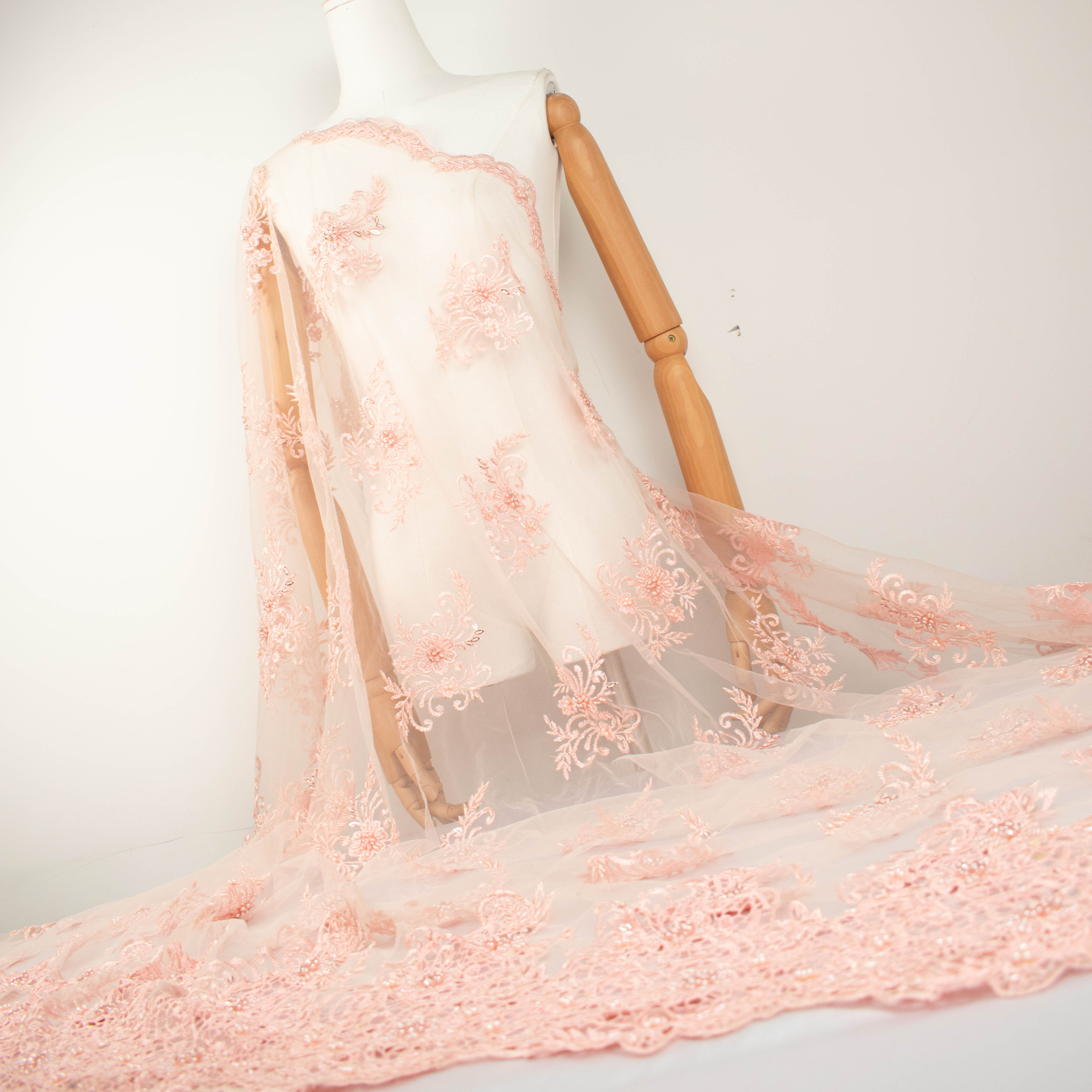 Pearl Beaded Flower Embroidery With Guipure Lace Baby Pink