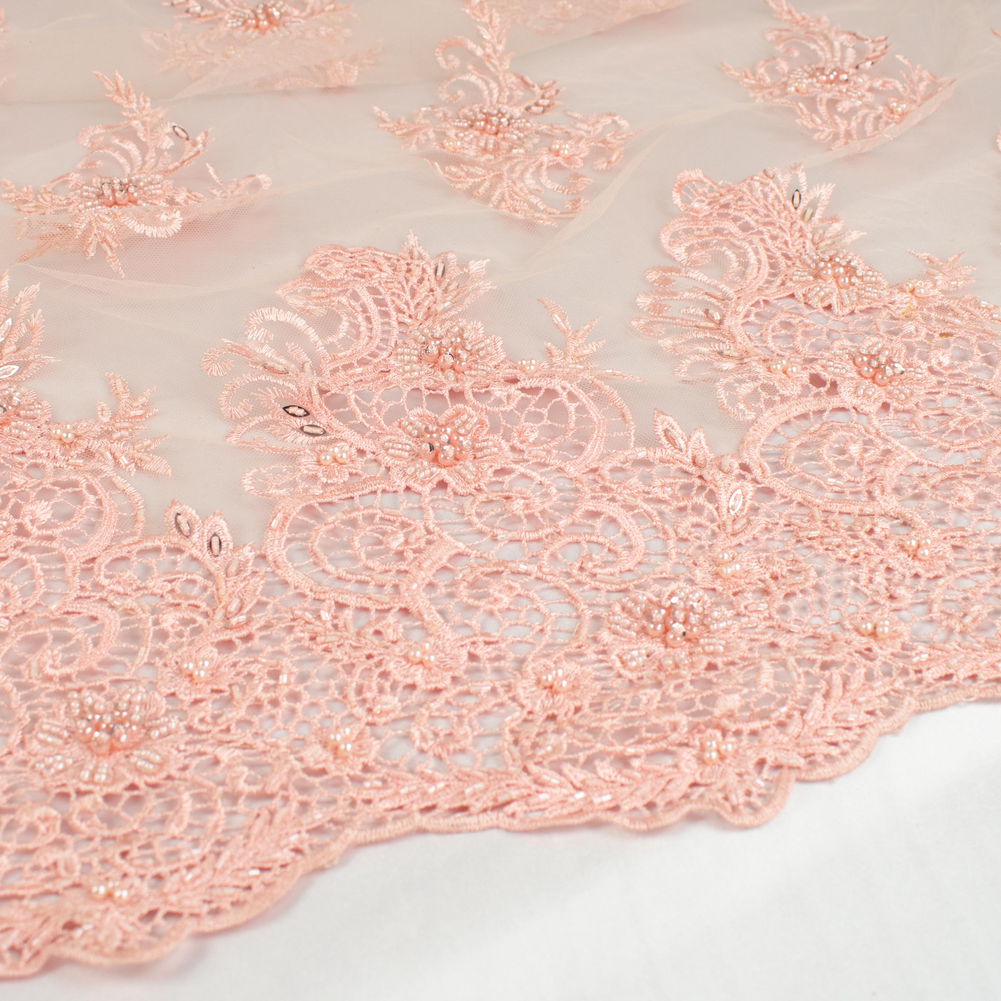 Pearl Beaded Flower Embroidery With Guipure Lace Baby Pink