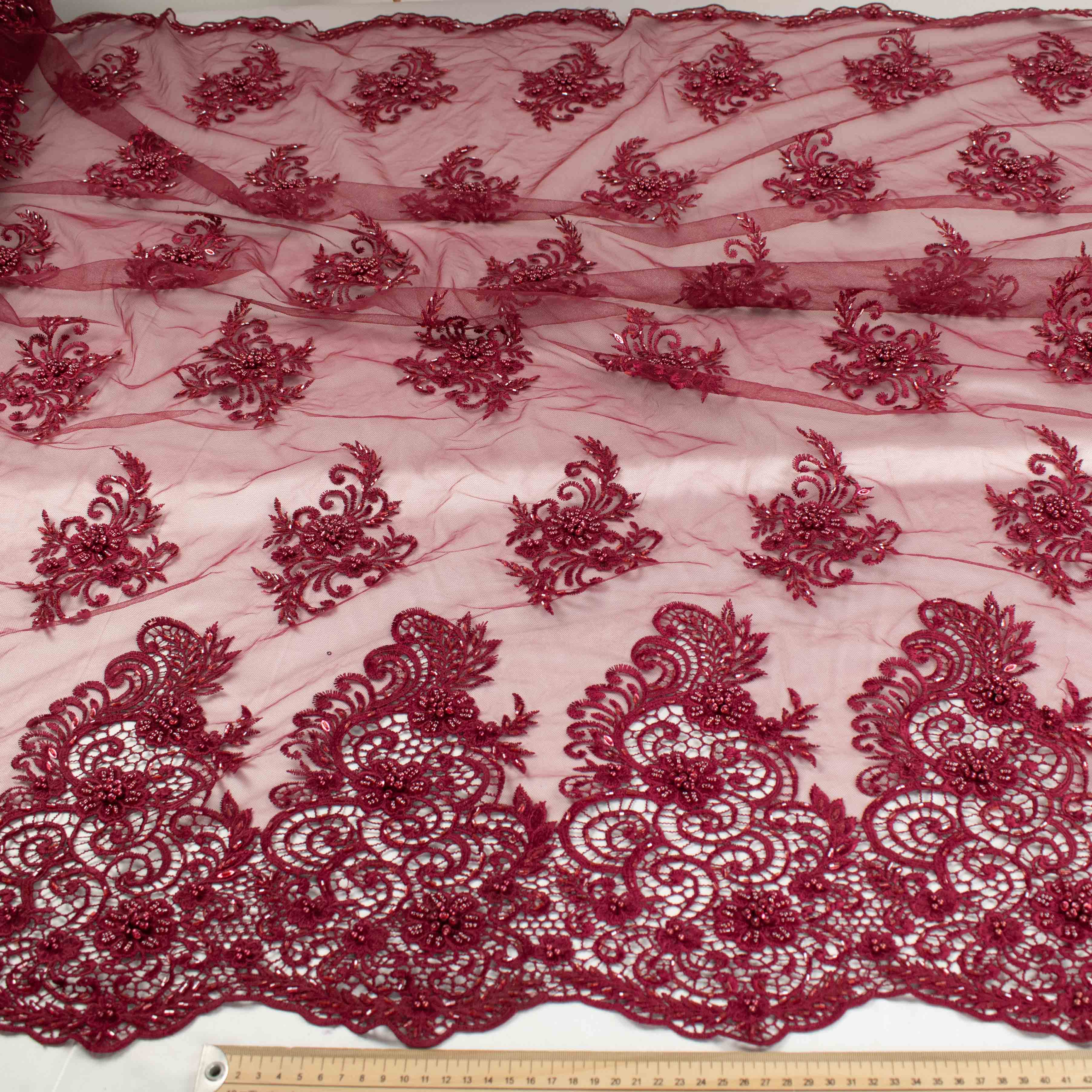 Pearl Beaded Flower Embroidery With Guipure Lace Maroon