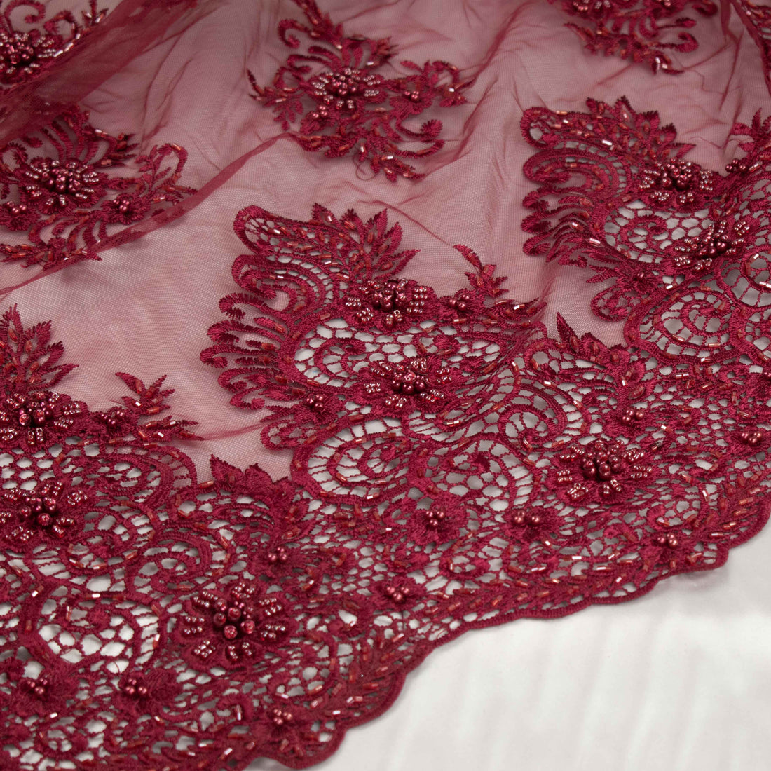 Pearl Beaded Flower Embroidery With Guipure Lace Maroon