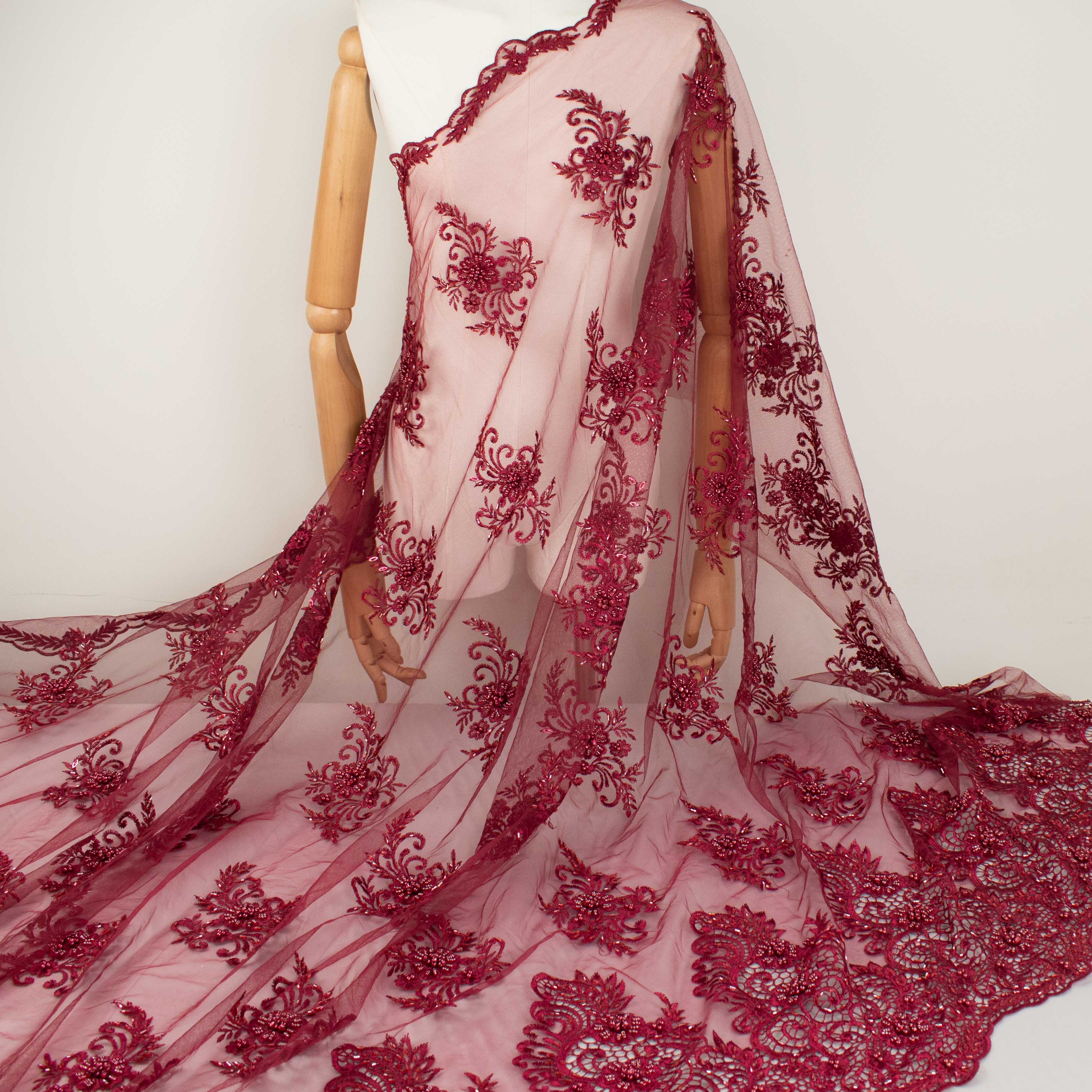 Pearl Beaded Flower Embroidery With Guipure Lace Maroon