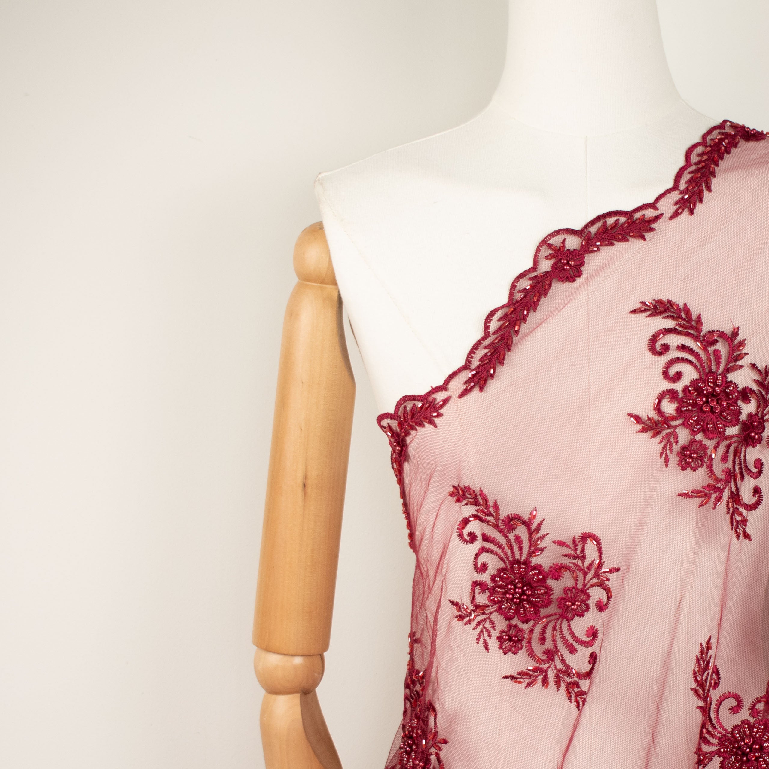 Pearl Beaded Flower Embroidery With Guipure Lace Maroon
