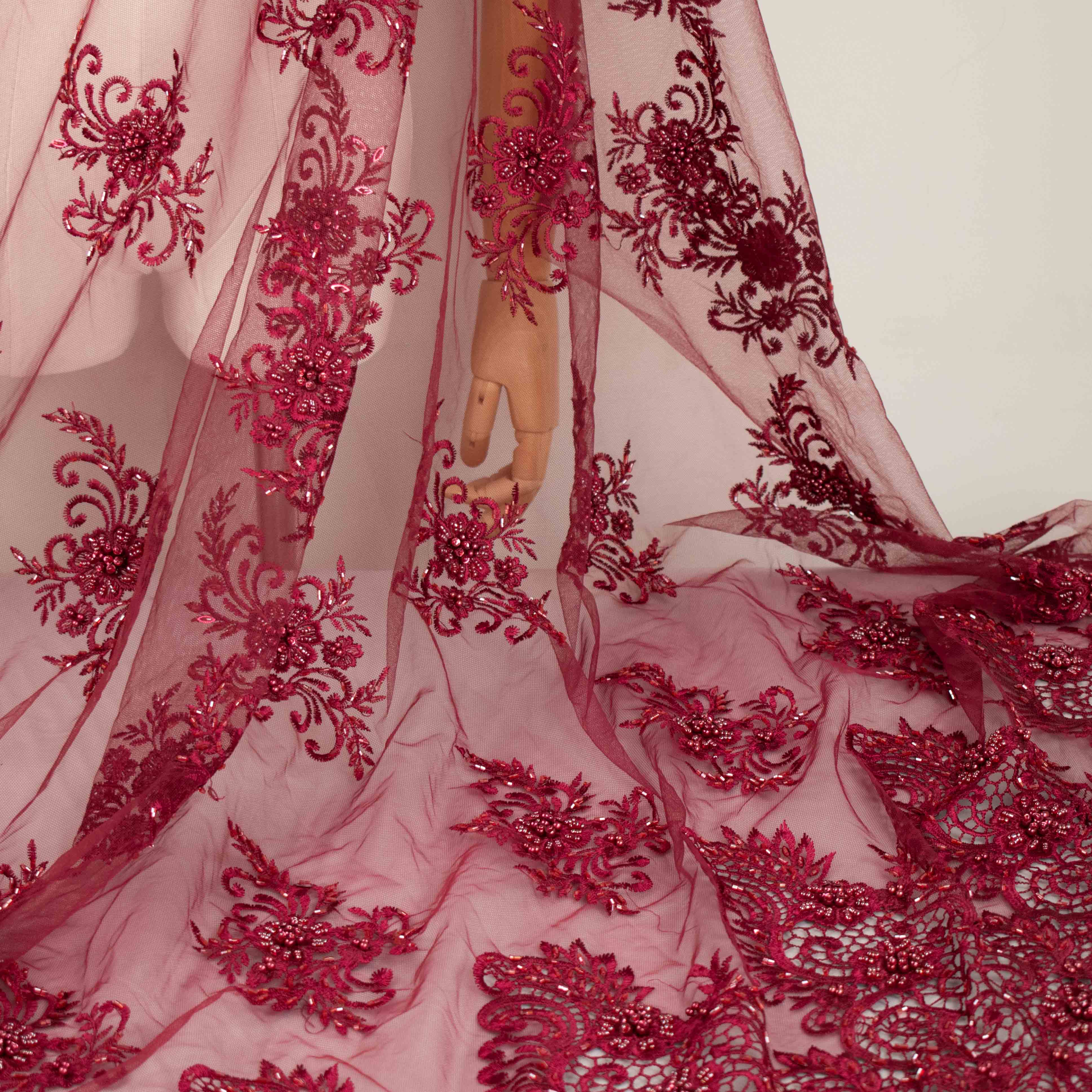 Pearl Beaded Flower Embroidery With Guipure Lace Maroon