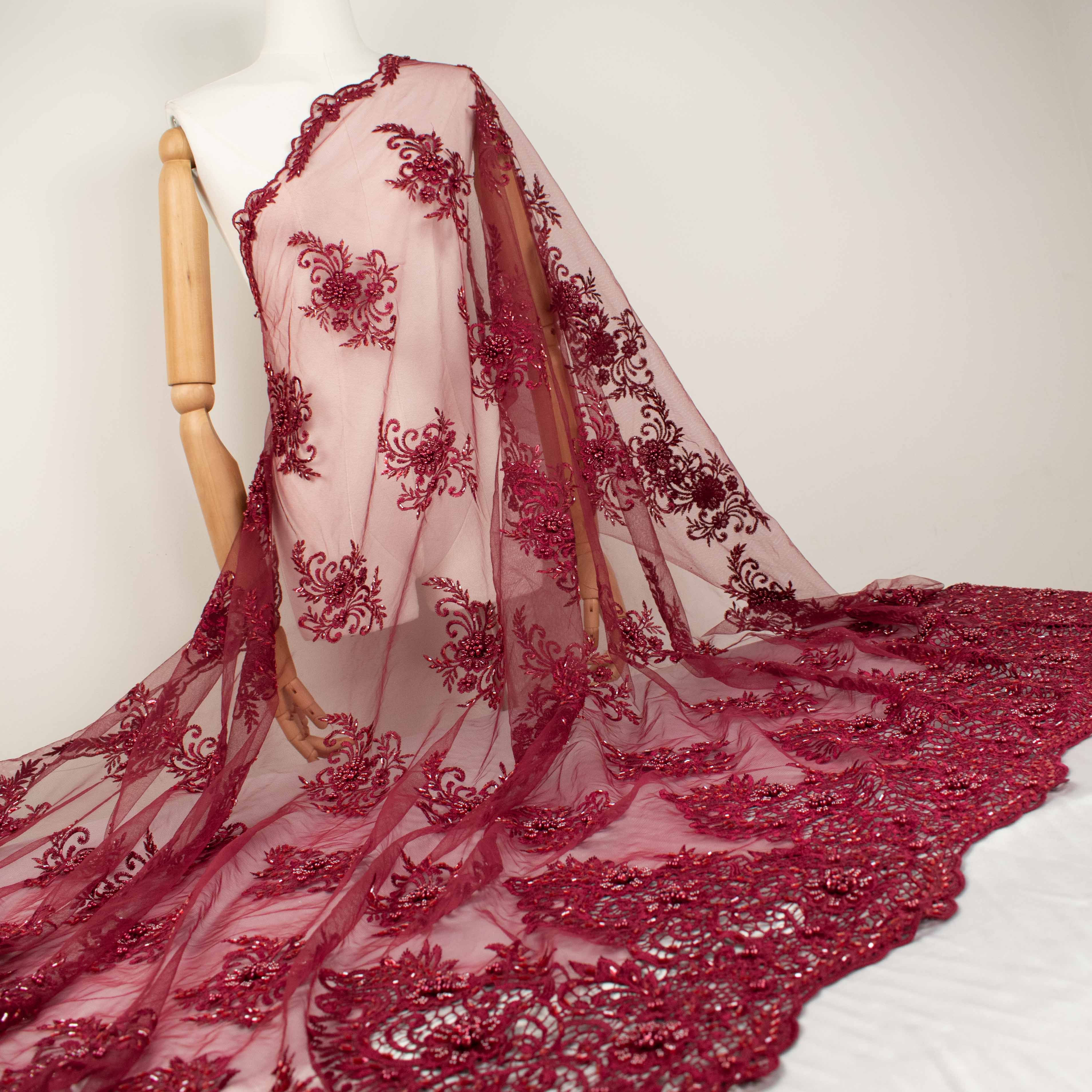 Pearl Beaded Flower Embroidery With Guipure Lace Maroon