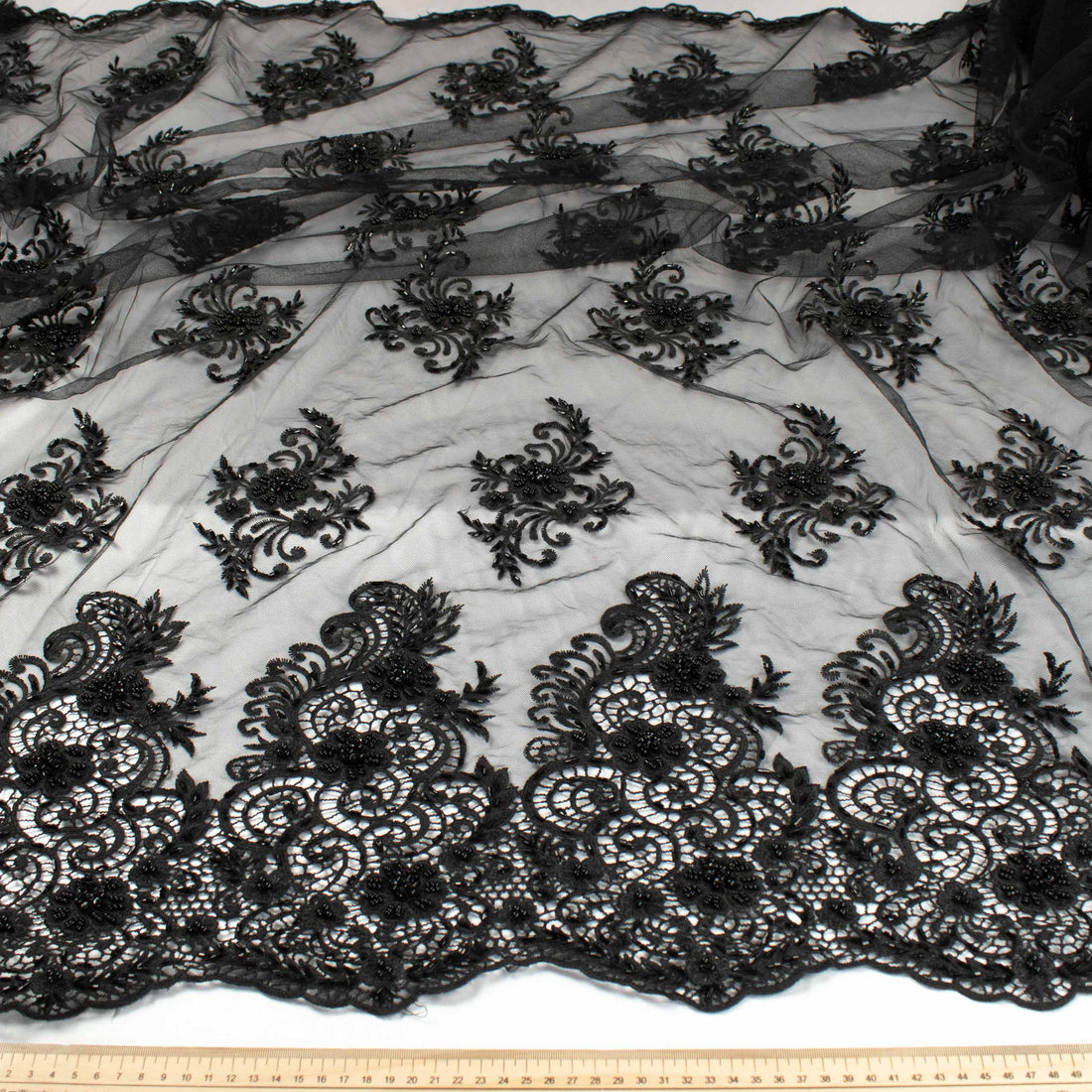 Pearl Beaded Flower Embroidery With Guipure Lace Black